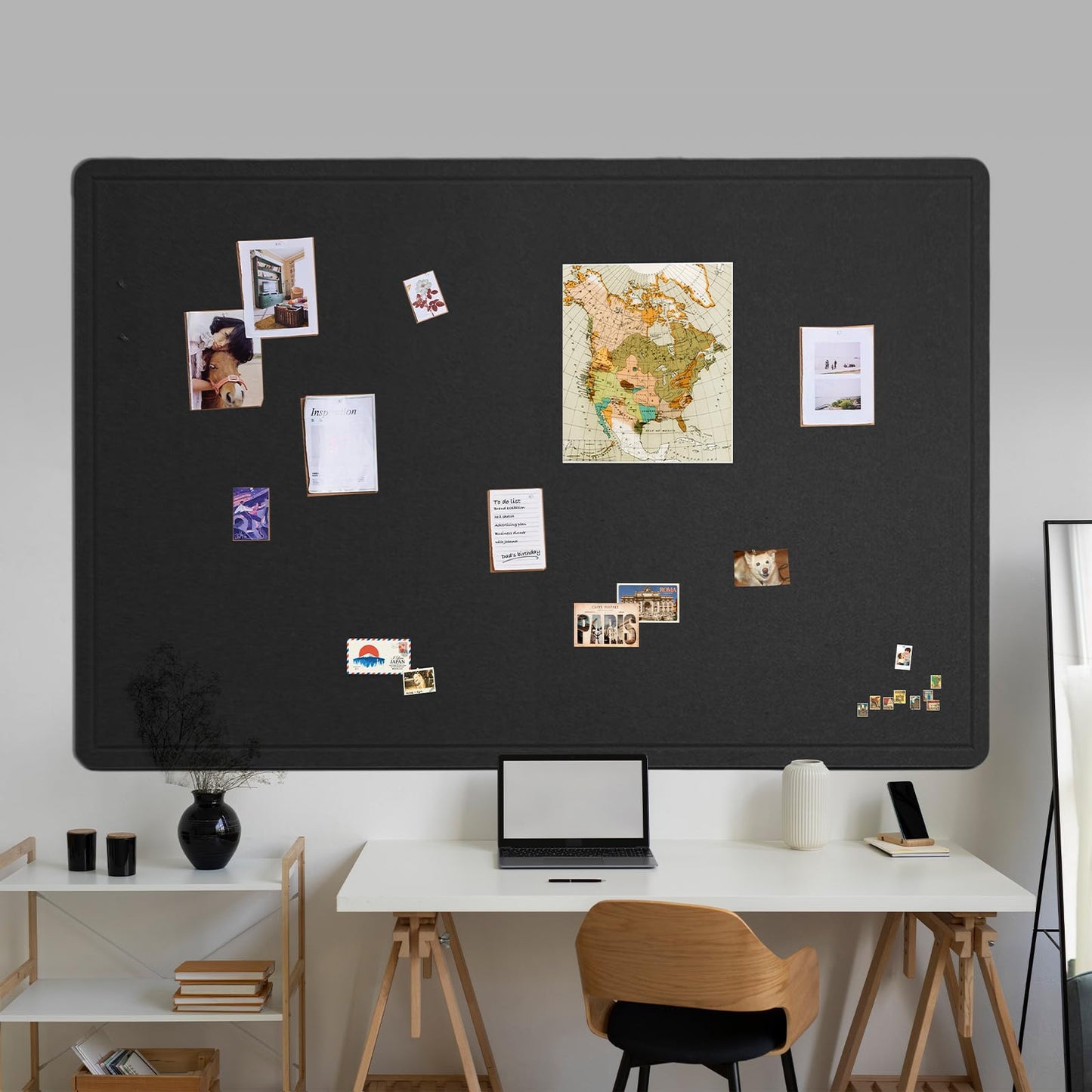 Lightomorrow Large Bulletin Board - 72 x 48 Inches, Decorative Felt Pin Board for Wall - 6' x 4' Foldable Photo Display Board with Self-Adhesive Tape, Includes 20 Push Pins - Black