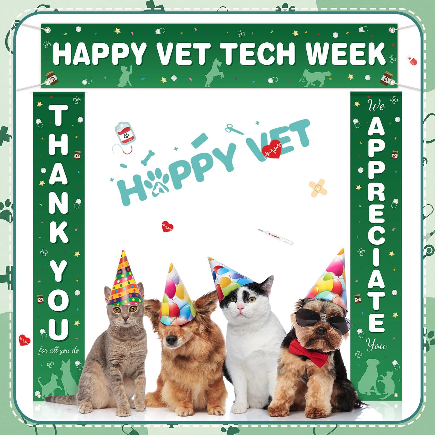 Fanfanwin 3 Pcs Happy Vet Tech Week Banner We Appreciate Thank You Veterinary Technician Week Decorations Green White Vet Hospital Staff Party Supplies for Hard Work Nurse Enthusiast