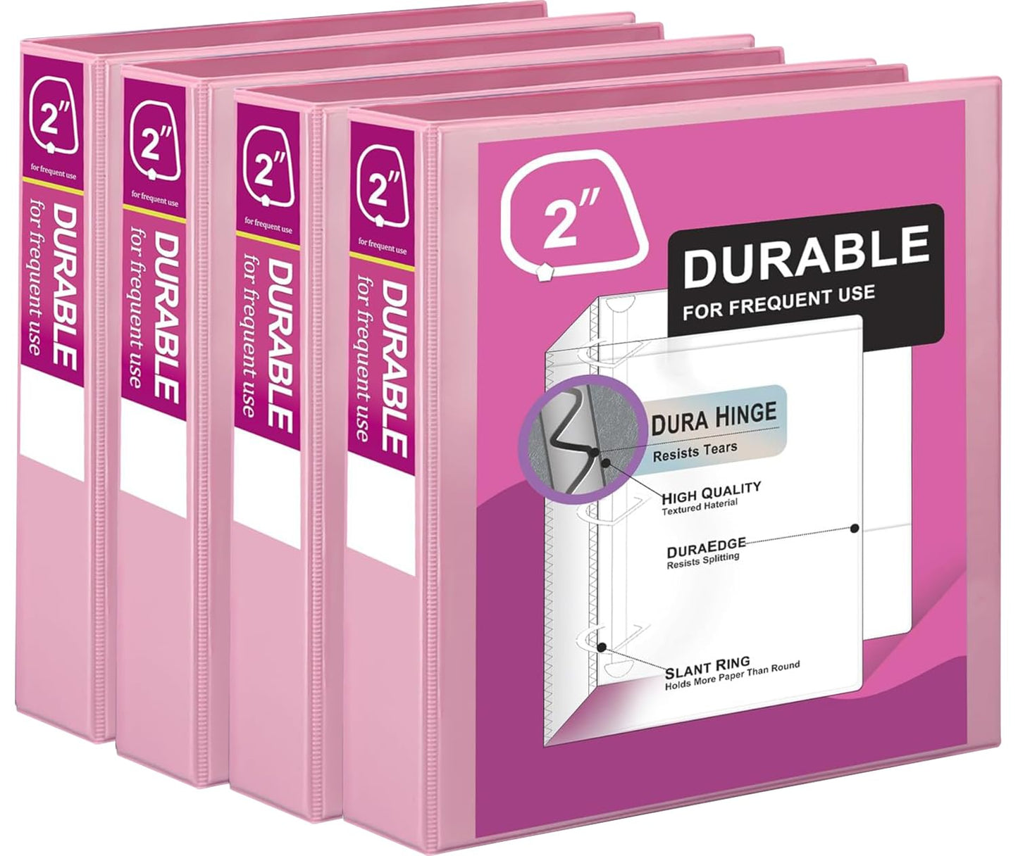 Zzrywuty Durable 3 Ring Binder,2 Inch,Economy 4 Pack,Each Holds 400 Pages,D-Ring Presentation View Binders for Office,School,Home (Pink)
