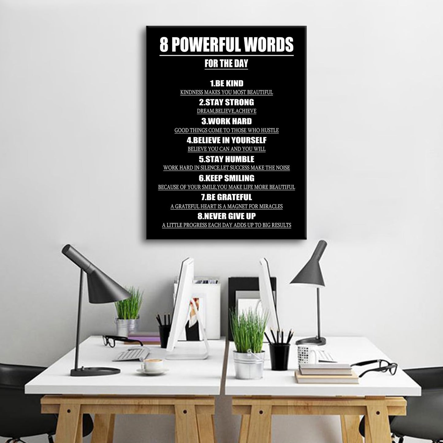 Motivational Canvas Wall Art 8 Powerful Words for The Day Success Quotes Poster Print Inspirational Picture Painting for Office Class Room School Wall Decoration Stretched and Framed [18''Wx24''H]