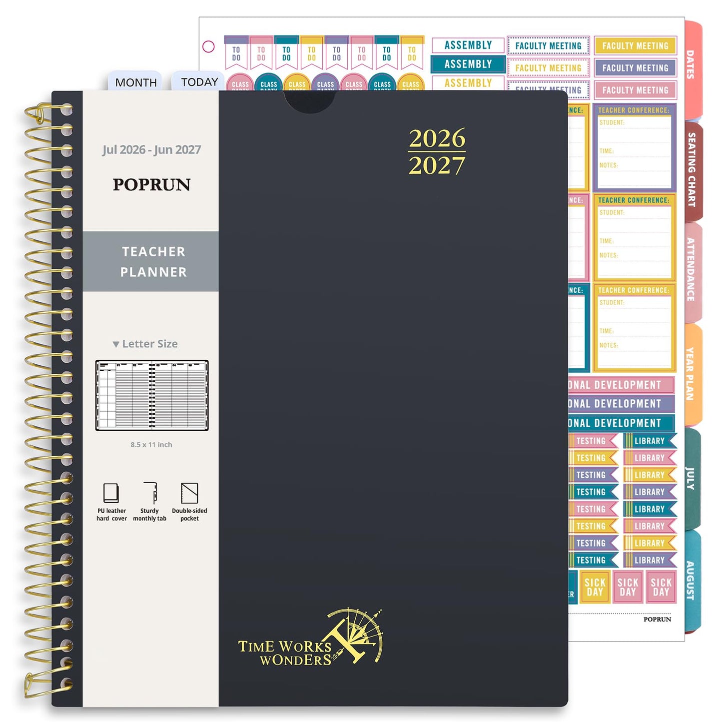 POPRUN Teacher Planner 2026-2027, 8.5" x 11", Academic Lesson Plan Book for Teachers (July 26-June 27) Weekly and Monthly with Gradebook, 2-Sided Pocket, Flexible PP Cover for Classroom, Black