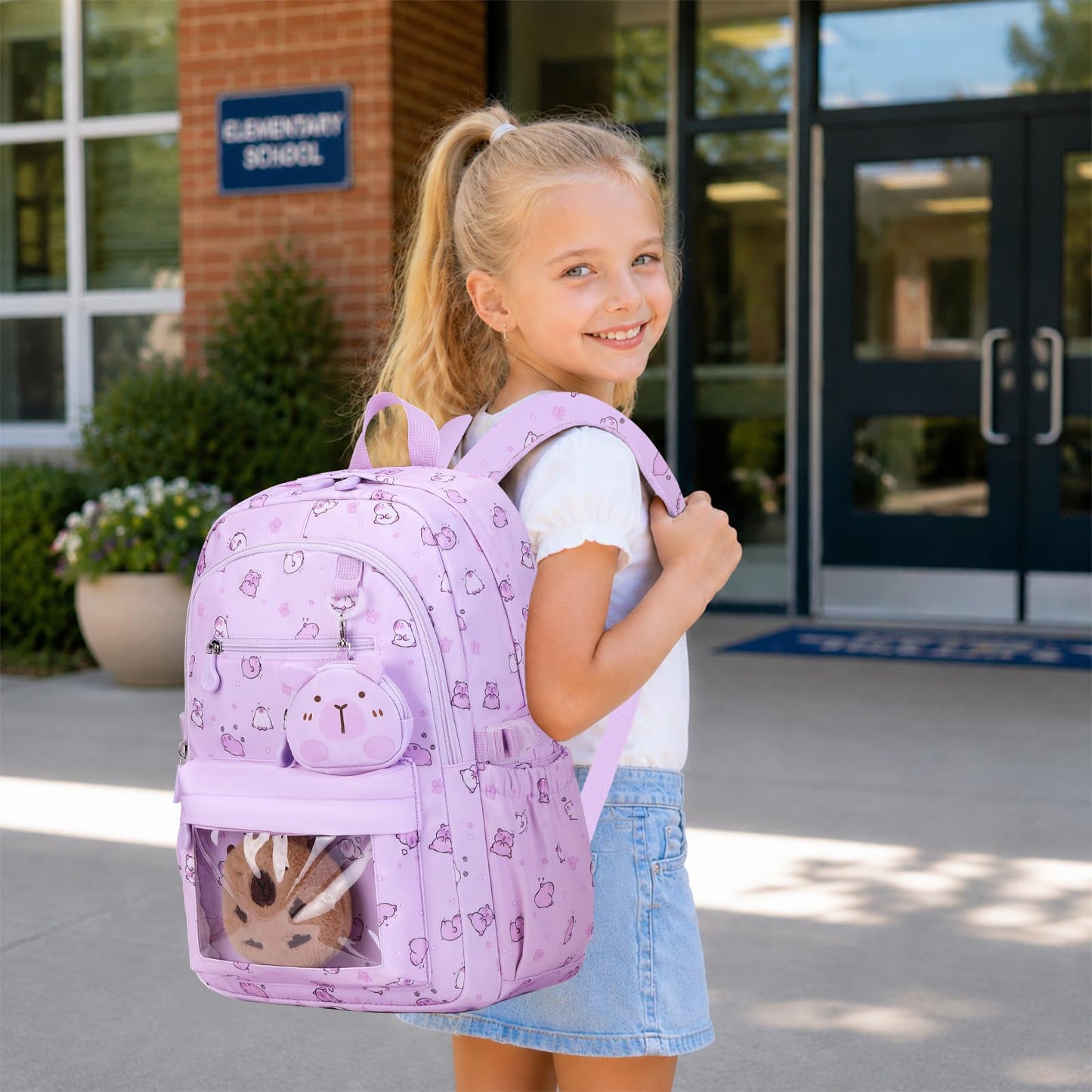 Similove Capybara Theme Backpack for School Girls, 35PCS Kids Backpack Set with School Supplies Stationery Kit Lunch Box Pencil Case, Cute Girls Bookbag for Kindergarten Elementary Student