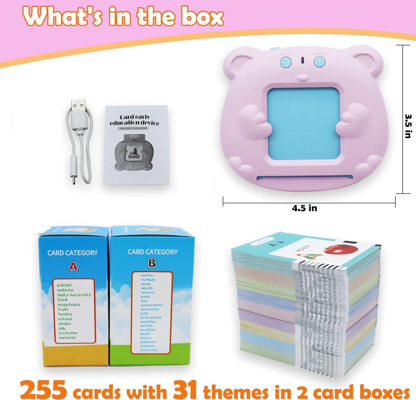 Spanish & English 510 Words Alphabet Bilingual Talking Flash Cards for 3-8 Years Toddlers, Pocket Speech Buddy Therapy Autism Toys, Educational Learning Interactive Toy for Boys Girls Kids Gifts Pink