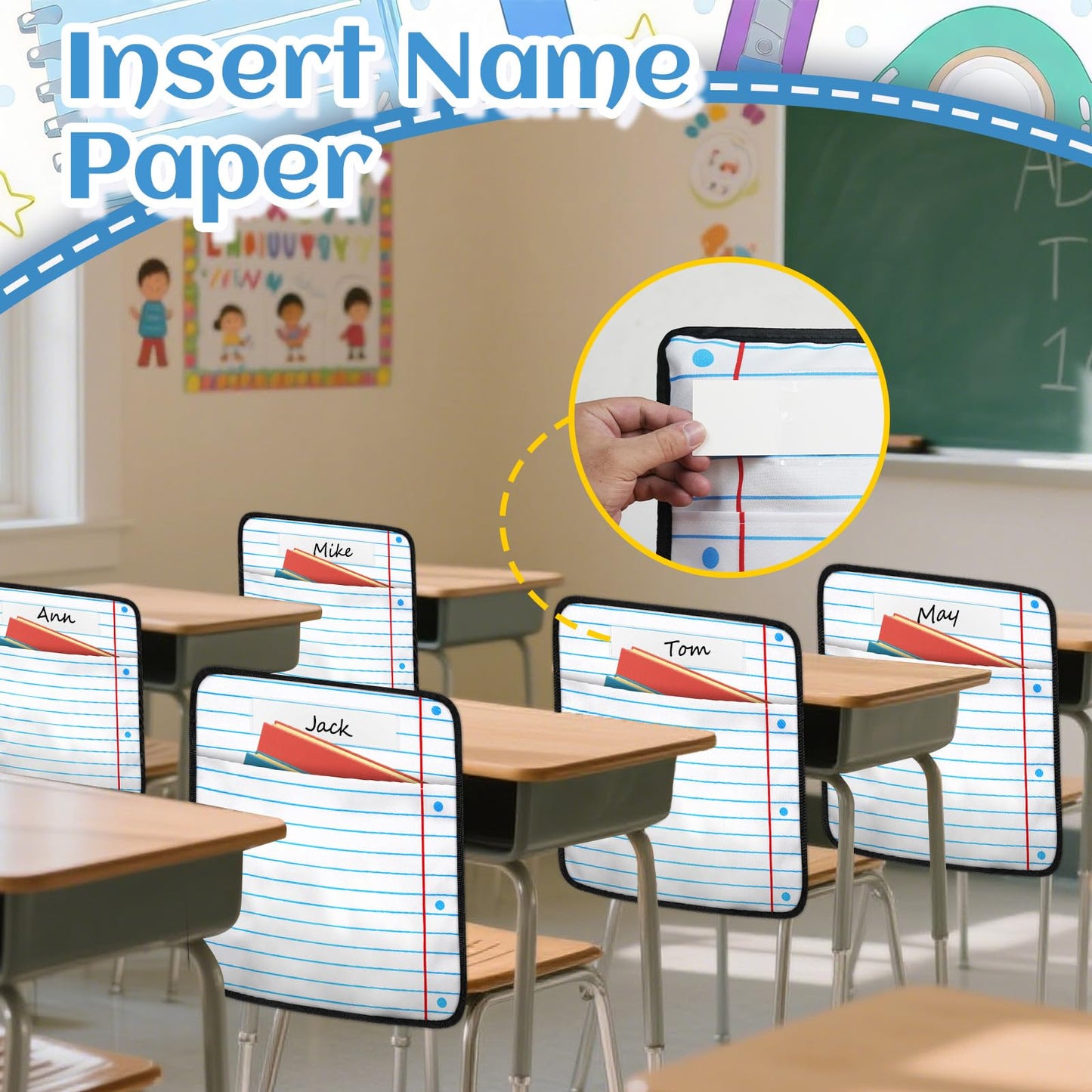 24Pcs Classroom Seat Back Organizer, 17 * 19 Inch Chair Pockets with Name Tag, Back to School Classroom Chair Hanging Bag Seat Sacks Suitable for Families Kindergartens and Primary School Classrooms