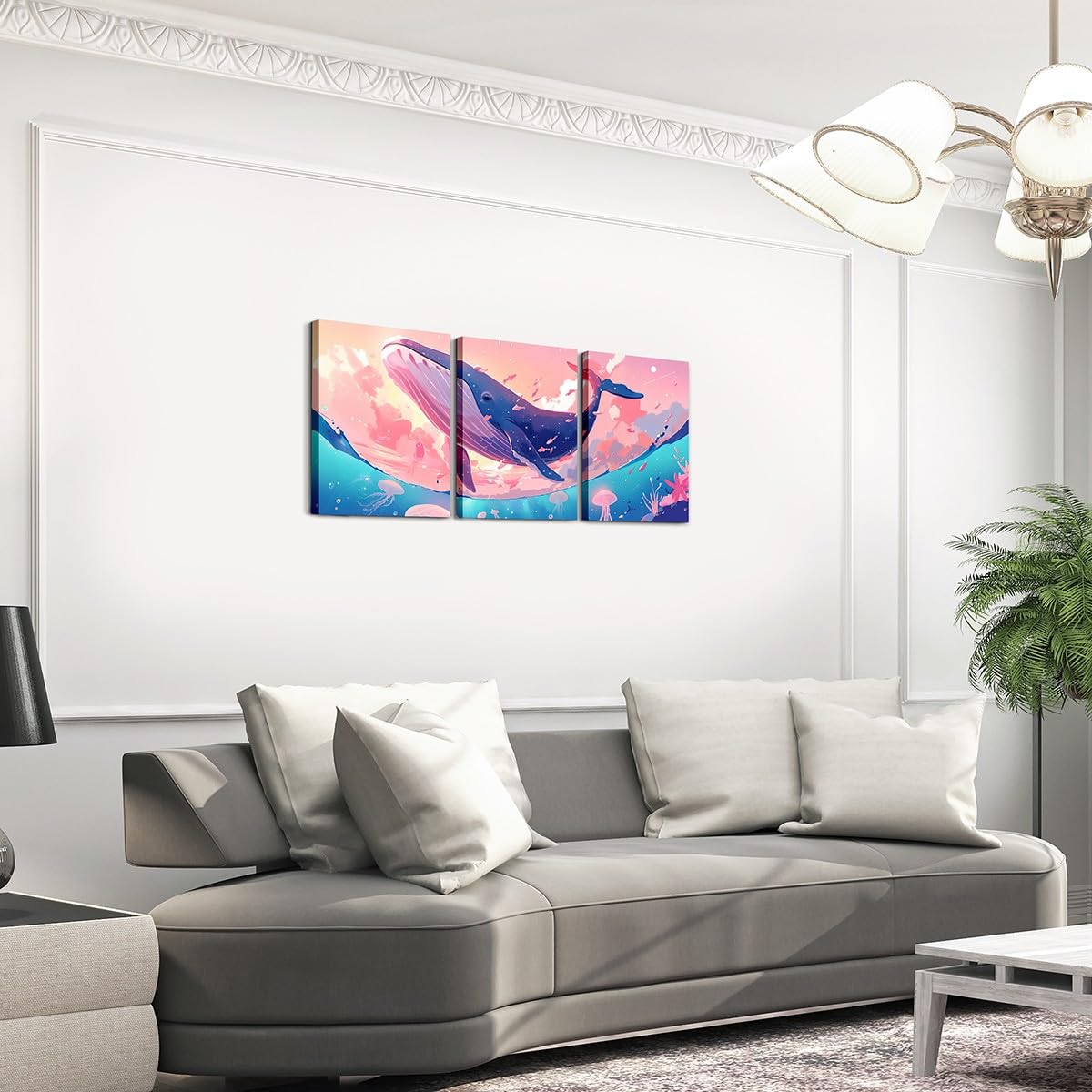 Feelyou Pretty Whale 3 Piece Canvas Wall Art for Living Room Bedroom Jellyfish Wall Art for Home Decor Ocean Animal Office Wall Decor Dreamy Pink Sky Wall Painting