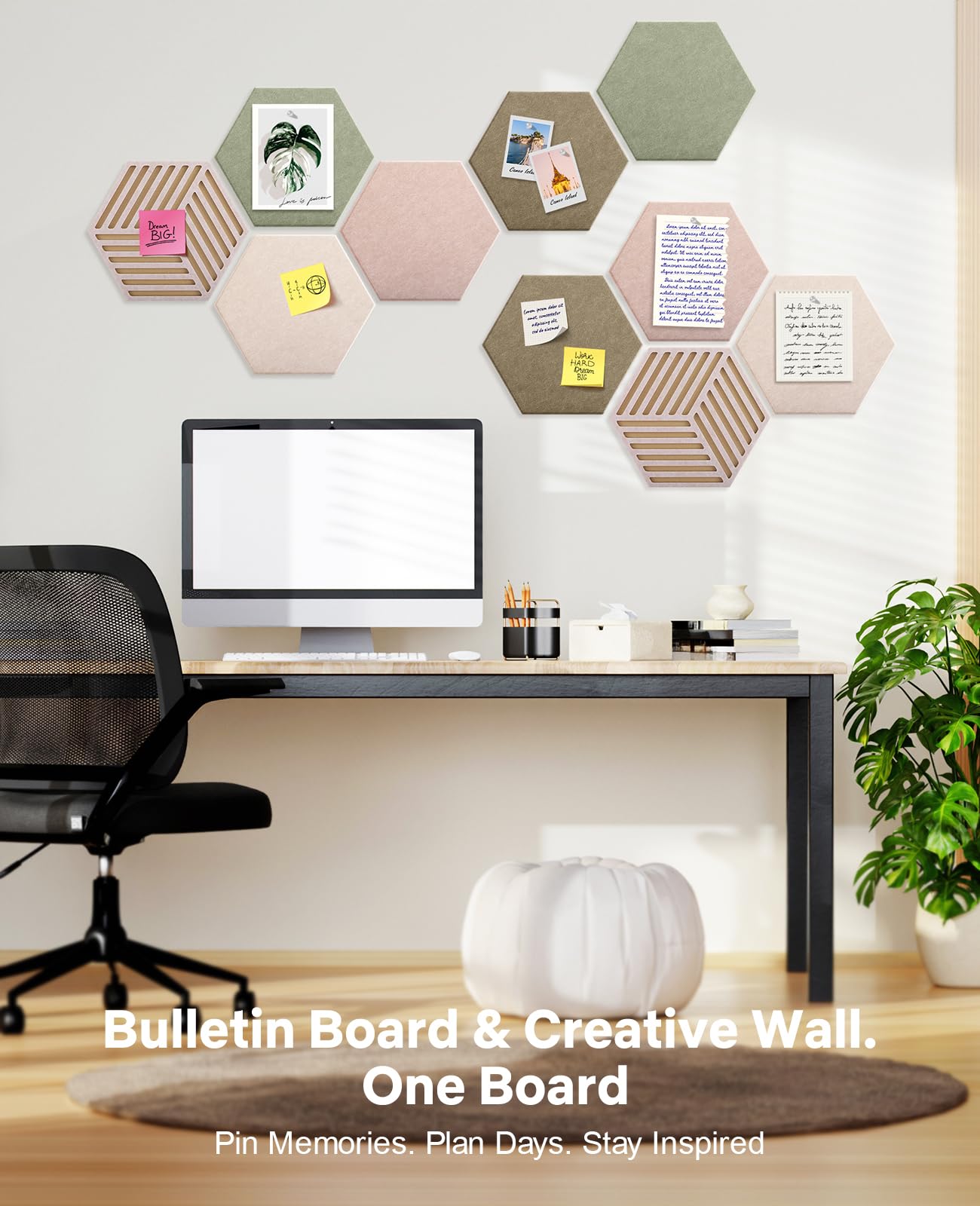 Hexagon Large Cork Bulletin Board Tiles, Peel and Stick Felt Wall Panels for Vision, Message Center, Picture and Prayer Board for Office, Dorm, Room and Desk Decor(Linen Dusk)