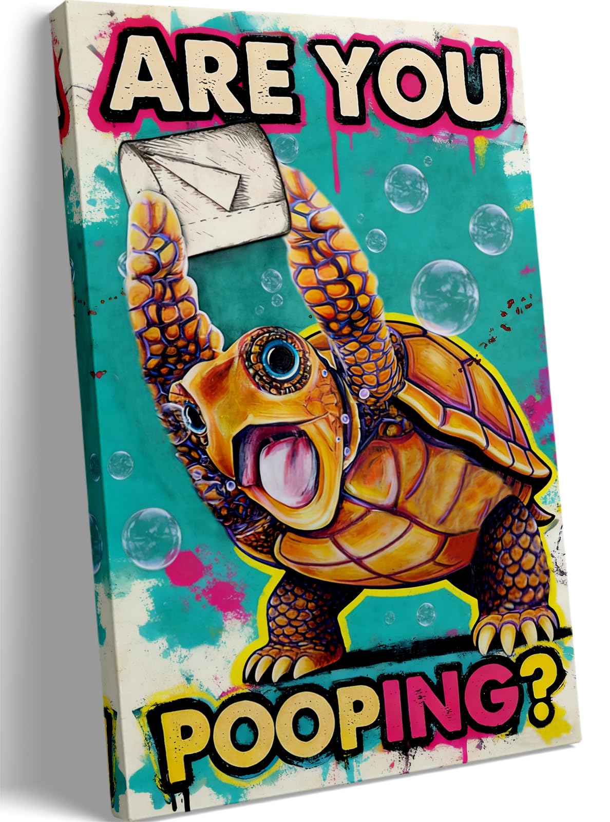 Funny Turtle Bathroom Wall Art Painting, Are You Pooping? Graffiti Humor Canvas Print, Teal Pop Art Bathroom Poster Decor, 16x24 Inch Framed Wall Picture for Bathroom Restroom Toilet Washroom