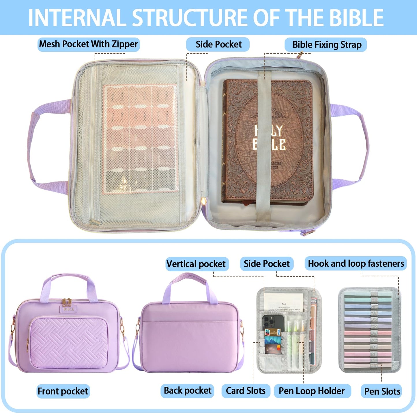 Bible Cover for Women Bible Case, Large Bible Bag, Bible Study Supplies Bible Journaling Kit Book Carrying Case with Bible Highlighters Tabs, Valentines Day Christian Gifts for Women (Purple)
