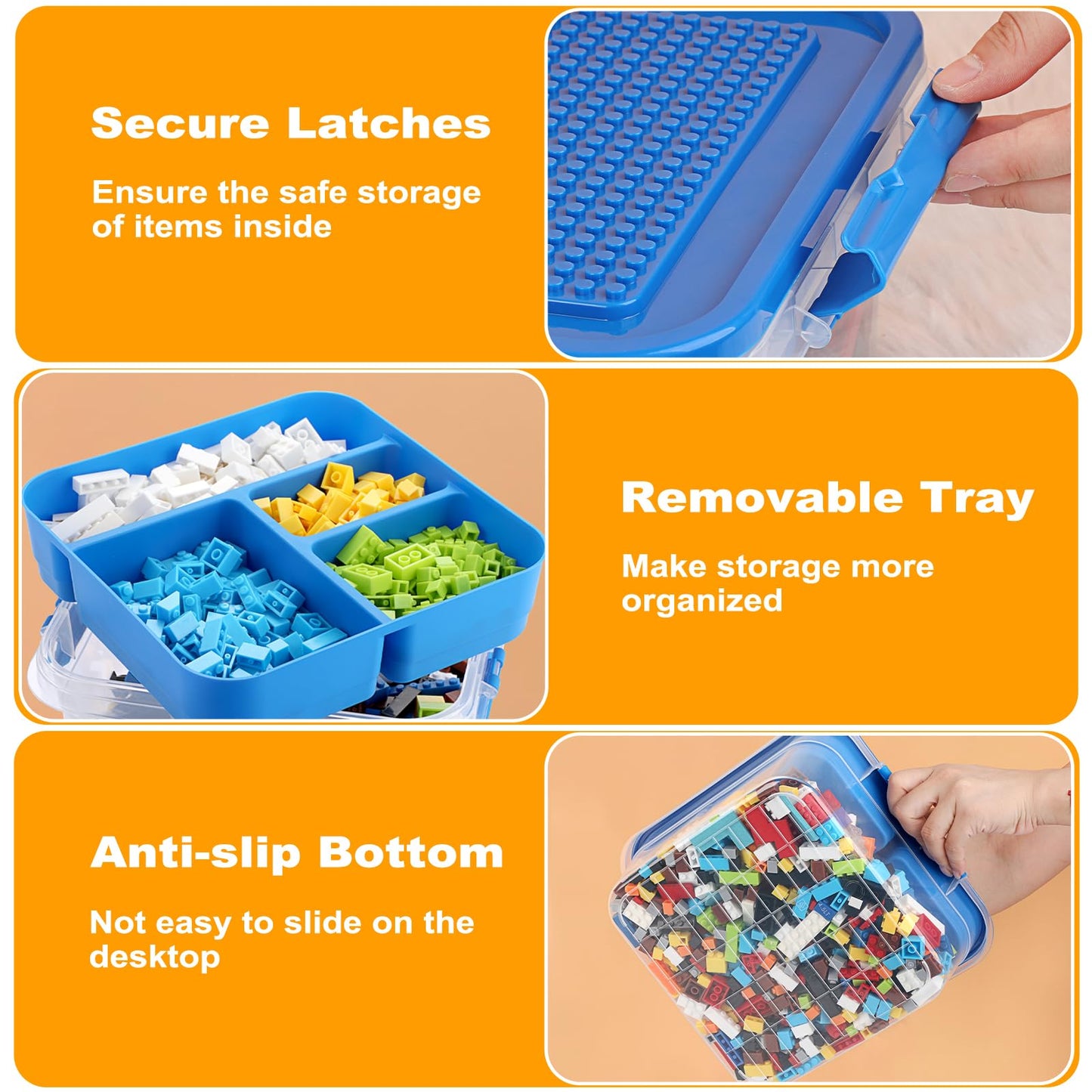 OGANAZI Plastic Storage Container with Bricks Baseplate Lid for Building Blocks, Bricks Building Set Organization Bin with Compartments Tray, Stackable Storage Box Building Block Chest Case (Blue)