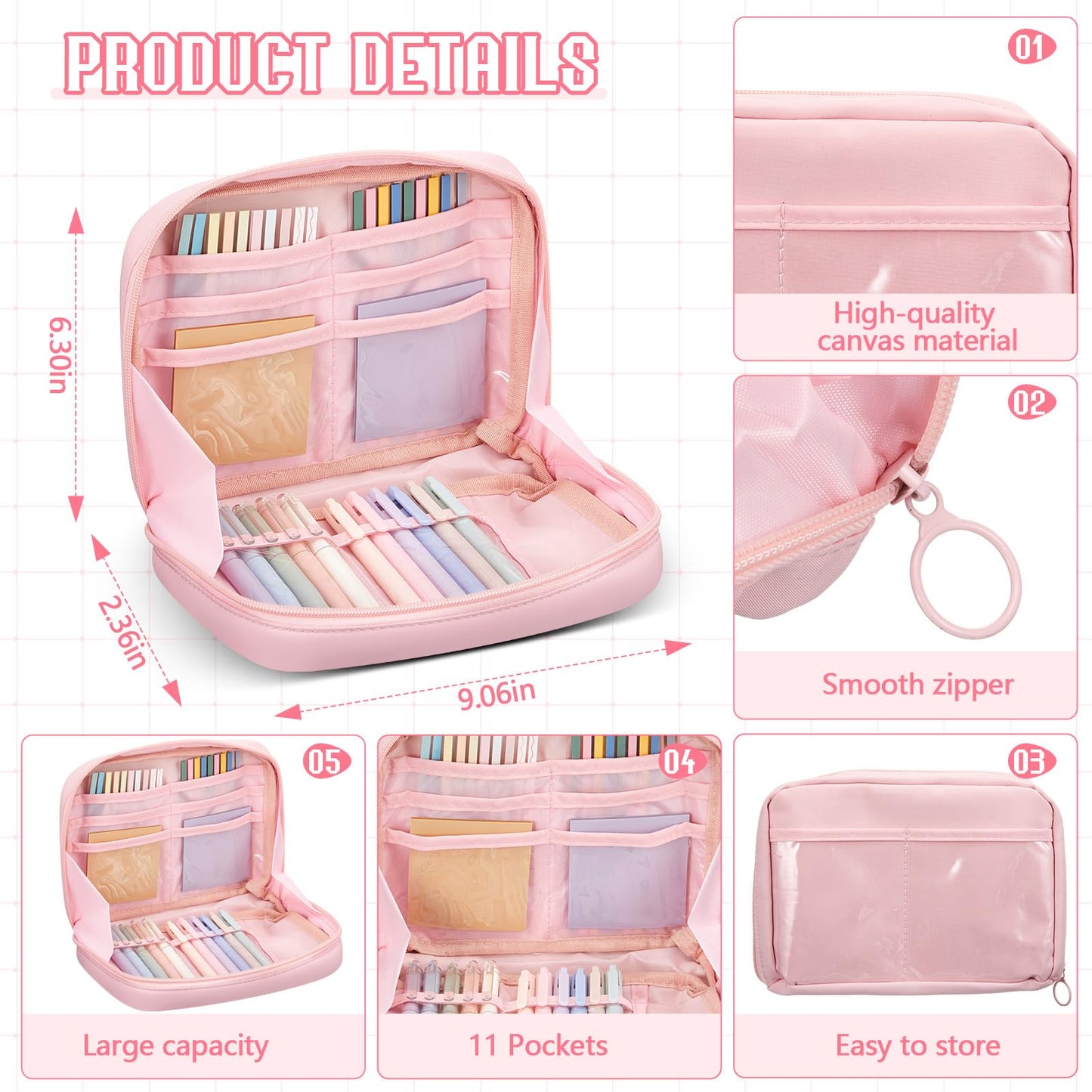 Trandraft 135 Pcs Book Annotation Kit Aesthetic Pencil Case Bag 12 Highlighter 11 Gel Pen 1 Marker 300 Sheet Transparent Sticky Notes Pad 2640 Index Stickers Bible Study Supplies (Kawaii,Pink)