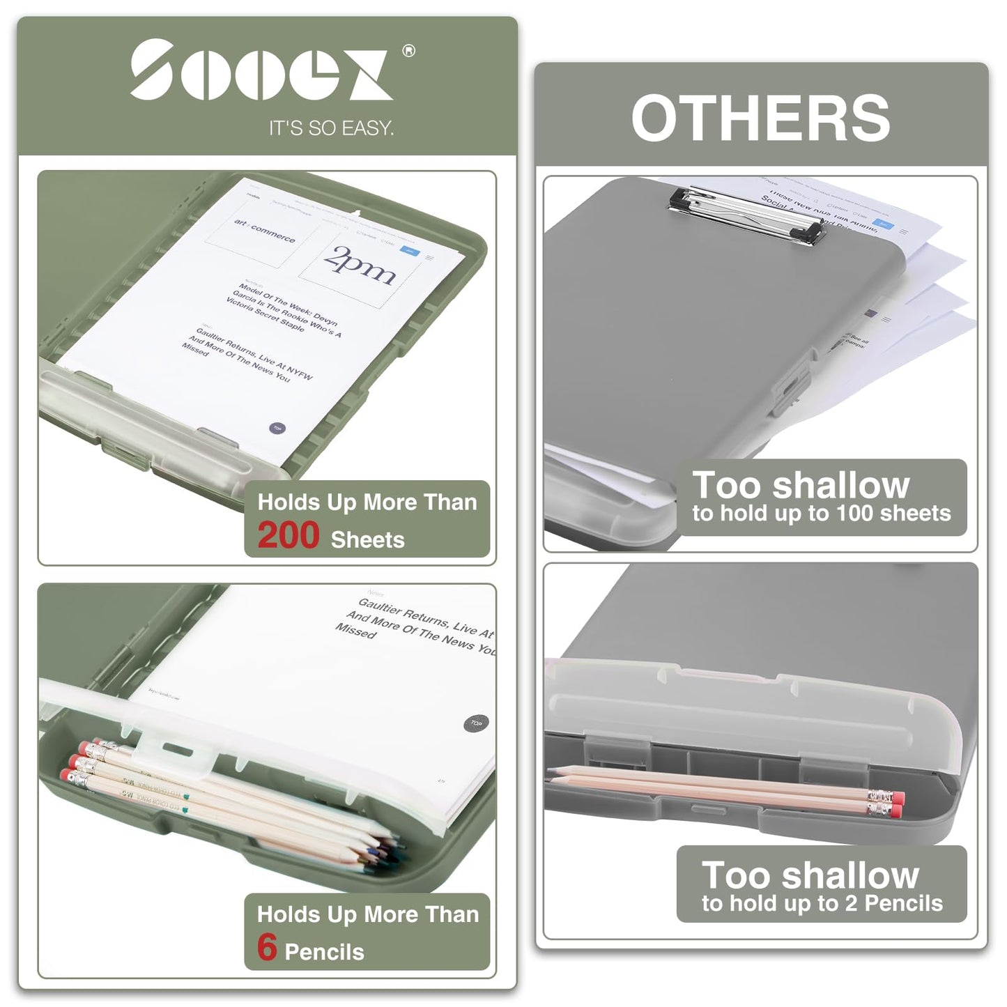 Sooez Clipboard with Storage, High Capacity Nursing Clipboard with Pen Holder, Clip Boards 8.5x11 with Storage, Low-Profile Clip, Lightweight Plastic Clipboard for Teachers, Lawers, Office Workers