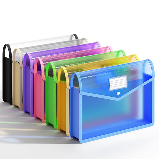 XingDuing 7 Pack Plastic Expanding File Folder, Transparent envelopes with Snap Closure,No Dividers,Large Capacity,Assorted Colors,Bills&Taxes,Letter/A4 Size for School/Office/Home