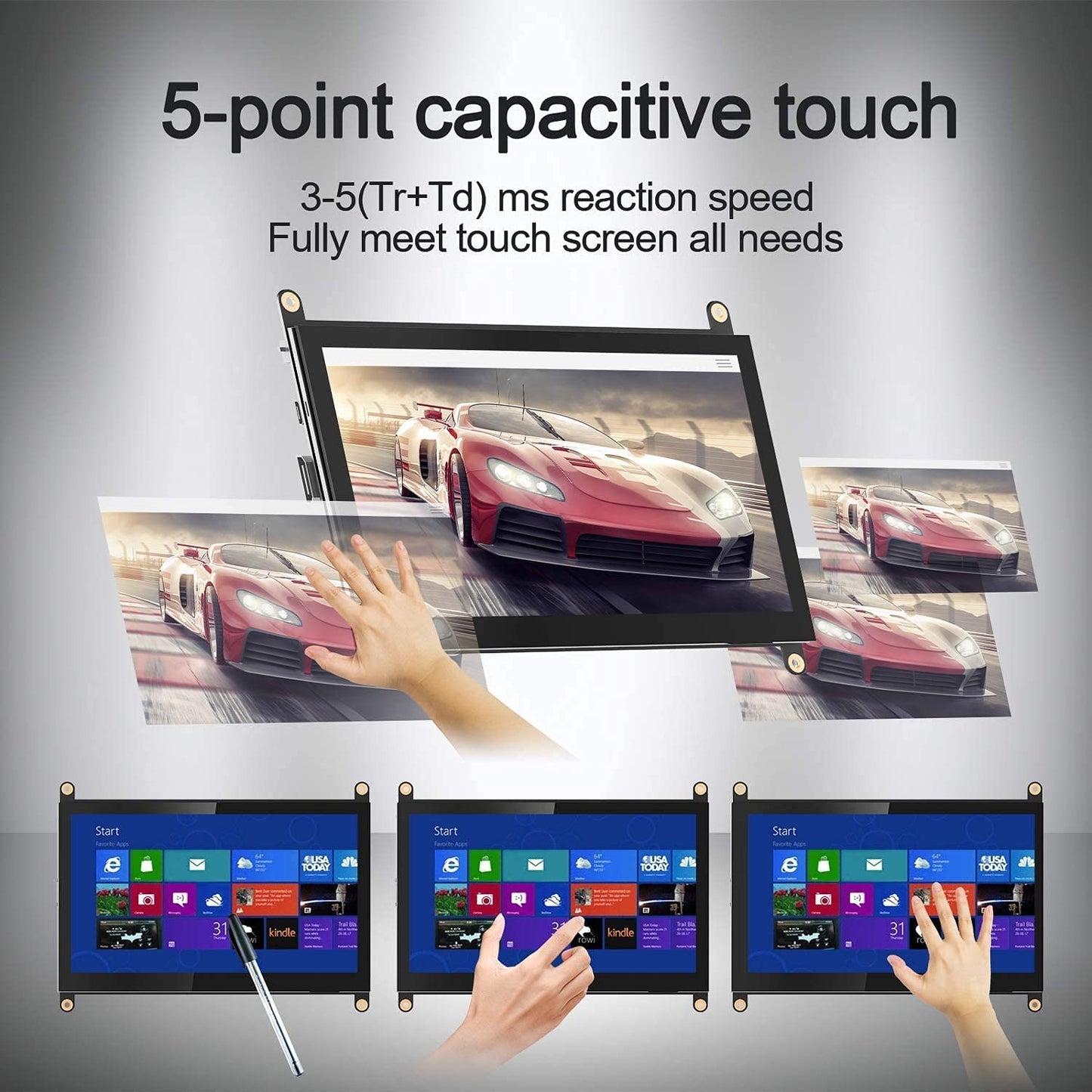 HMTECH 7 Inch Raspberry Pi Screen Touchscreen Monitor 1024x600 HDMI Monitor 16:9 IPS Screen Display for Raspberry Pi 5/4/3/2/Zero/B/B+ Win10/8/7, Free-Driver