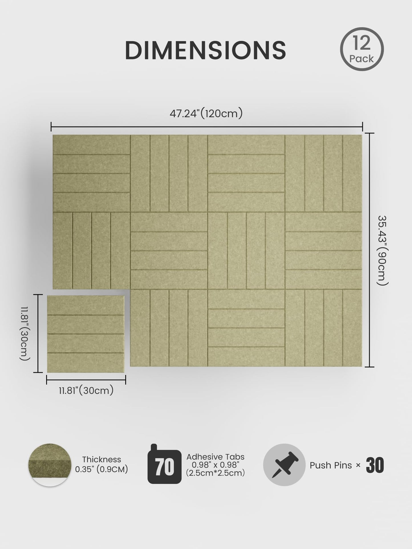 Bumusty Large Cork Board Alternative-48 x 36" Felt Bulletin Board Tiles, with 30 Pushpins, 70 Adhesive Tabs, Bold-Stripe 12-Pack, Cork Boards for Office Push Pin Board Felt Board-Olive Green