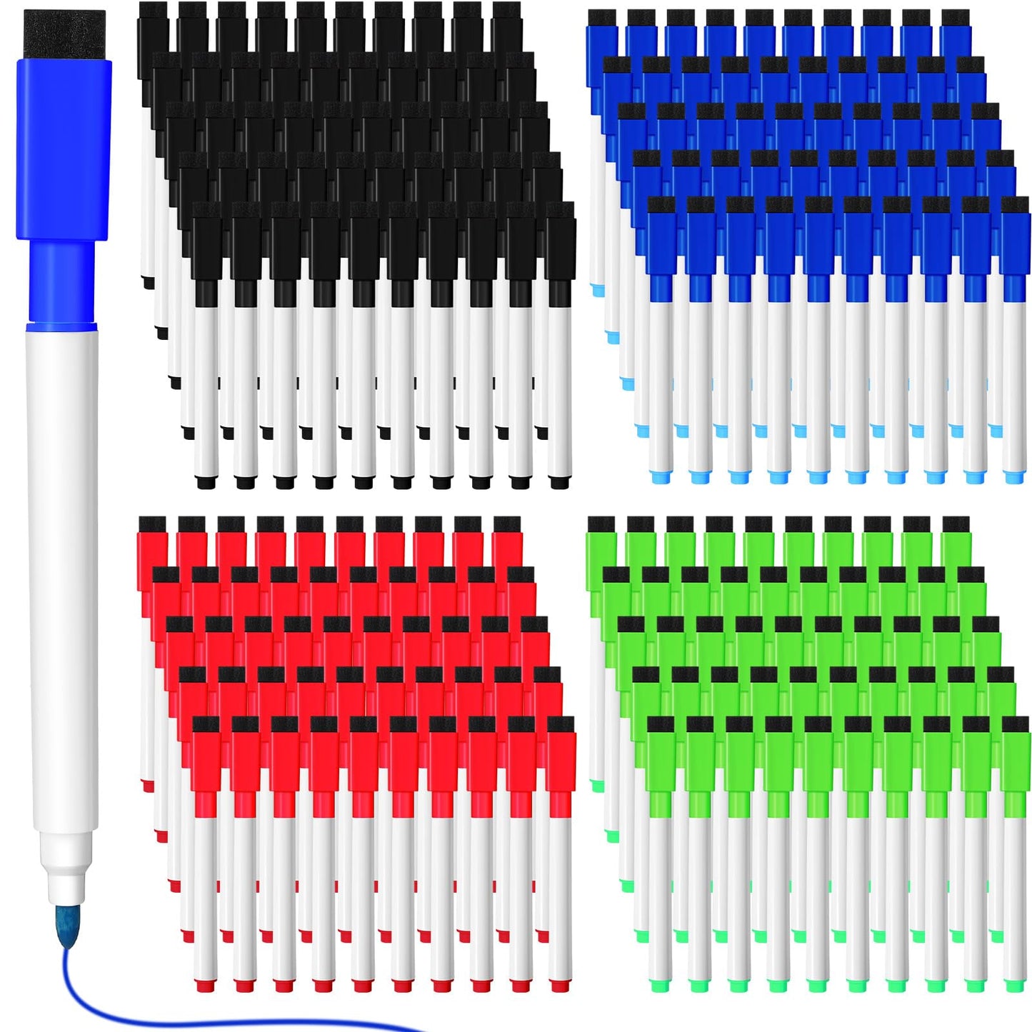Kosiz 200 Pcs Magnetic Dry Erase Markers Fine Point Tip Whiteboard Markers with Eraser Cap Magnetic Dry Erase Pens Erasable Pens for Whiteboard Dry Boards(Black, Red, Blue, Green)