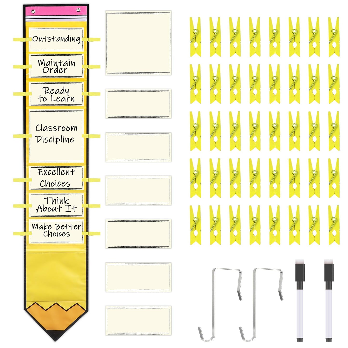 Student Behavior Chart for Classroom Management Pencil Shape Kids Track Reward Incentive Chart Hanging Creative Bulletin Board with 40 Clips for Home Preschool Daycare Back to School Teacher Supplies