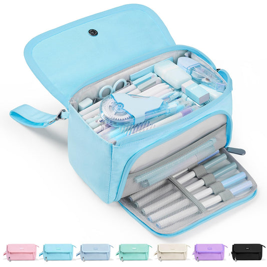 Sooez Super Large Pencil Case, Big Capacity Pencil Bag with 3 Compartments, can hold 100 pencils, Cute Pencil Pouch with Zipper, Portable Stationery Pen Bag, School Supplies For Teen Girl, Sky Blue