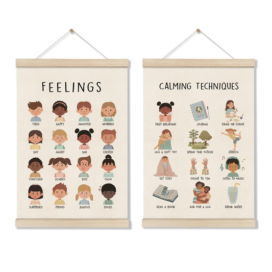 Feelings Chart, Emotions Learning Posters for Toddler, Mental Health Posters Hanger Frame, Set of 2 Kids Montessori Educational Artwork, Canvas Wall Art Decor for Counseling Office 16x12 Inch
