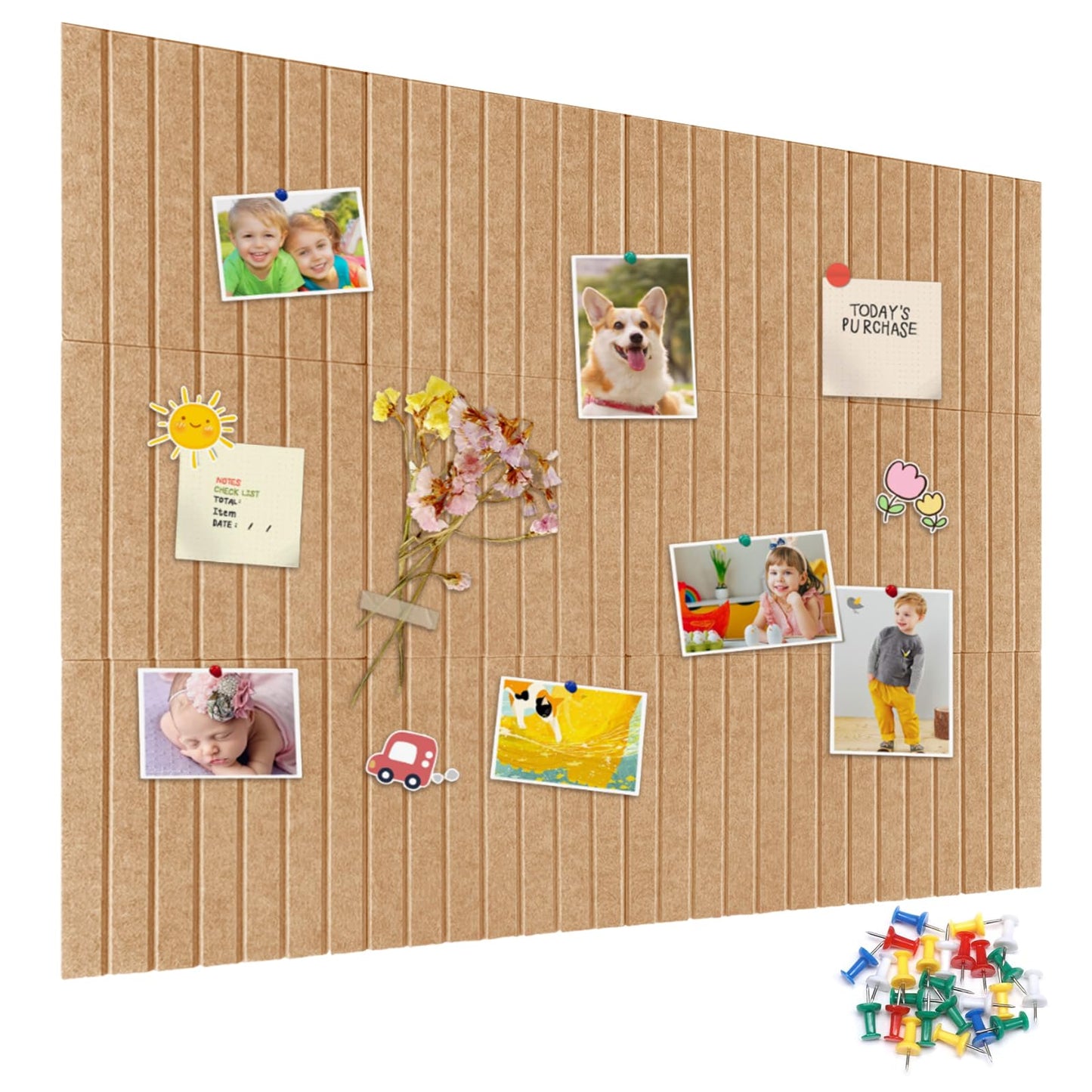 15 Pack Felt Bulletin Board, 35" x 59" Large Camel Pinboard with 30 Push Pins, Felt Pin Board, Self-Adhesive Cork Board Tiles for Home, Office Walls, School Classroom Message Photos Display