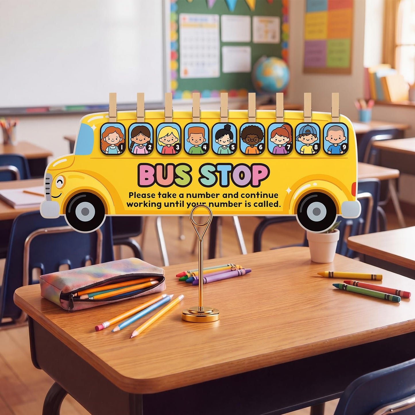 Tinlade School Bus Classroom Management Tools Teacher Waiting Room Sign Girl Style Waiting Room Numbers Classroom Set with Wooden Clips for Back to School Elementary Teacher Supplies