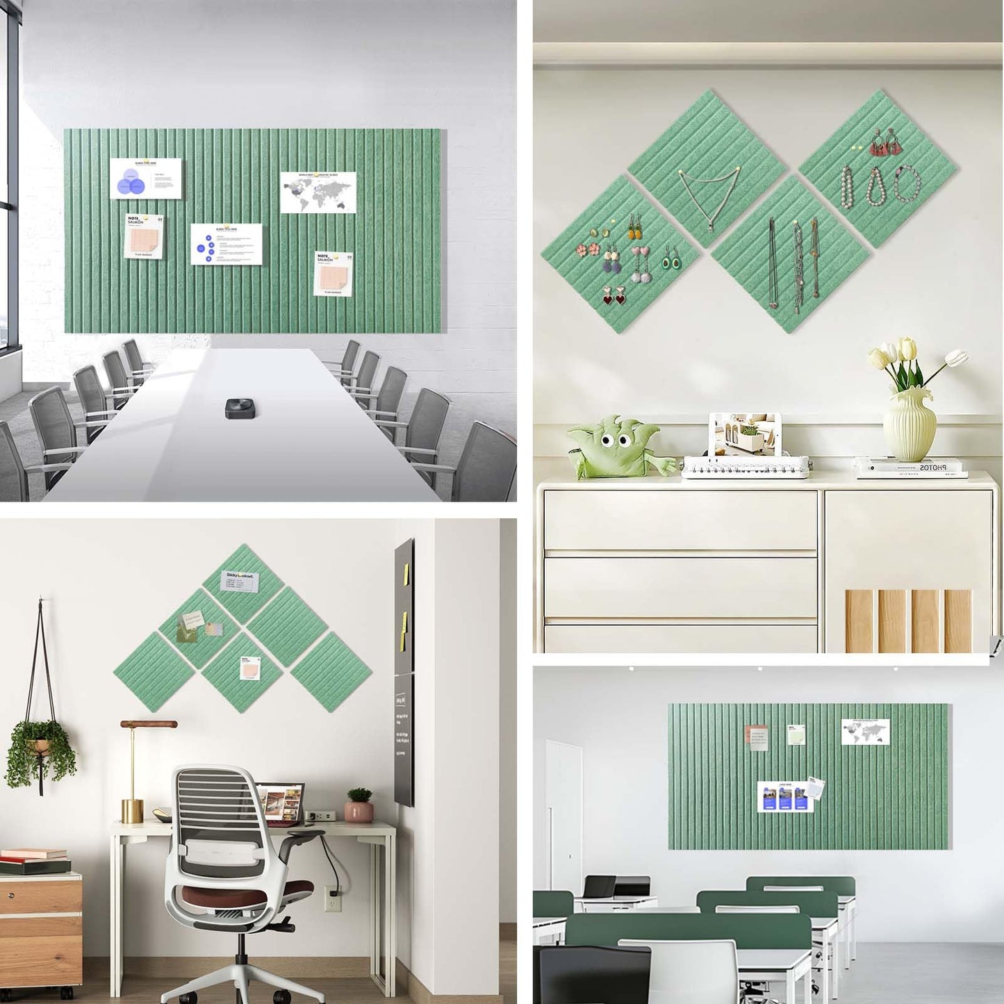 Large Cork Board for Office, 8 Pack Felt Wall Tiles with Slat Wall Paneling and Safe Removable Adhesive Tabs, Felt Bulletin Board Pin Board Cork Boards for Walls - Jade Green