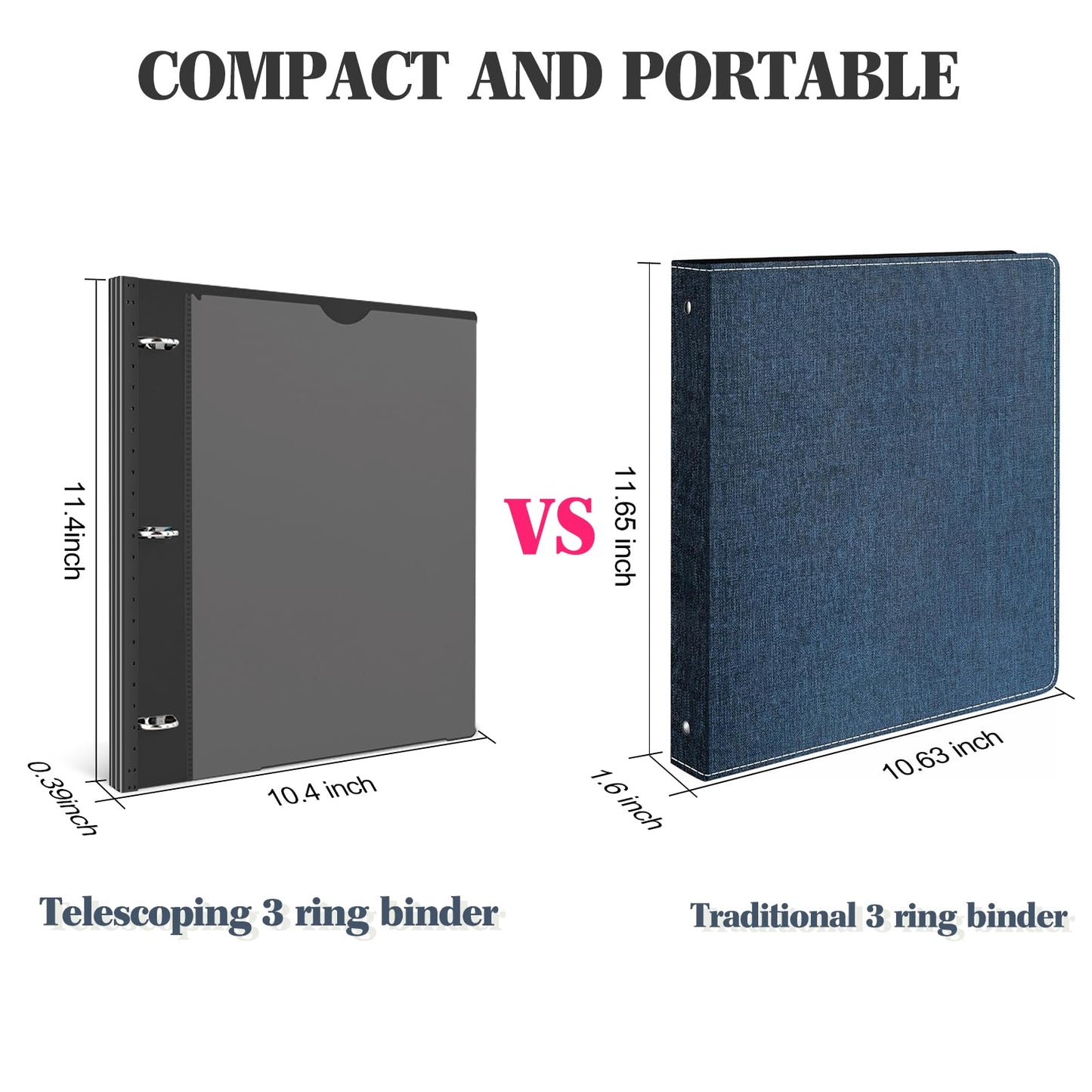 INFUN Telescoping 3 Ring Binder -4PCS-Black, Flexible Round Binder with Customizable Front Cover and Clear Catalog Pocket, 0.75 Inch Rings, Holds 160 Sheets 8.5x11 inch Paper