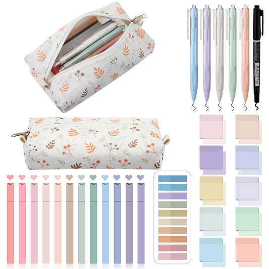 Jutom 39 Pcs Aesthetic Book Annotation Kit Highlighter with Case Bag Gel Pen Transparent Sticky Note Taking Book Supplies (Beige, Floral Style)