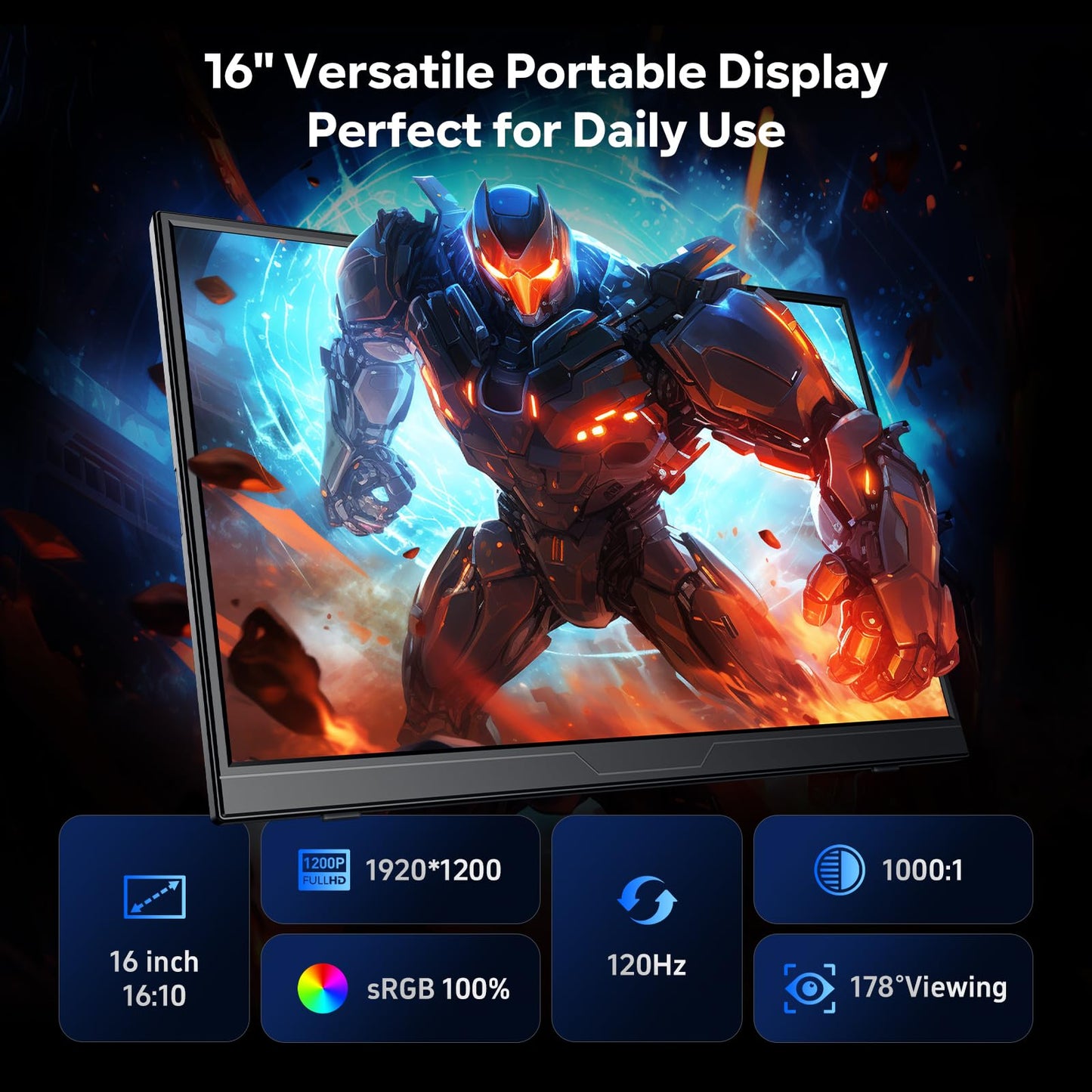 Dopesplay 120Hz Portable Gaming Monitor 16" 1200P FHD 100% sRGB Portable Display with Adjustable Stand, USB-C & HDMI External Monitor & Travel Screen for Laptop Mac PC Phone Xbox PS5 Switch