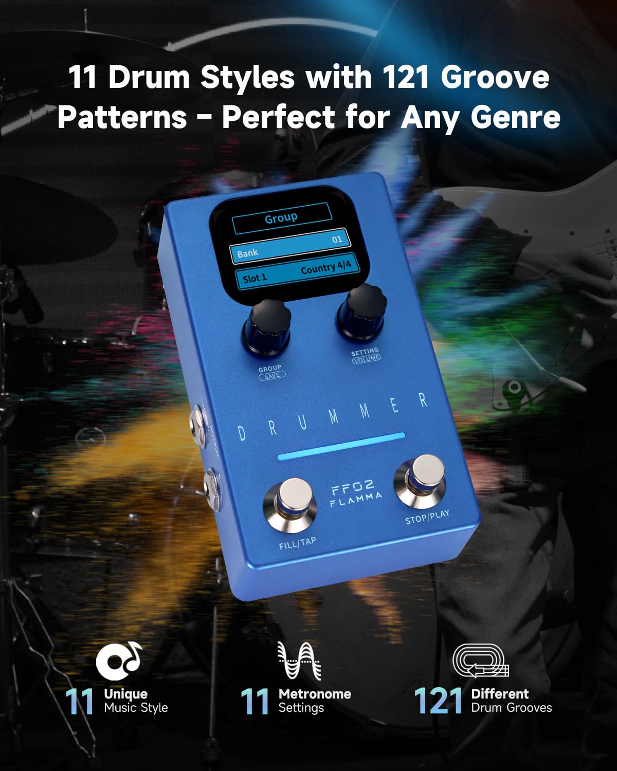 FLAMMA FF02 Drum Machine Guitar Pedal - 121 Drum Grooves, 11 Music Genres, Tap Tempo, Adjustable Rhythms, Stereo I/O for Live & Studio Use