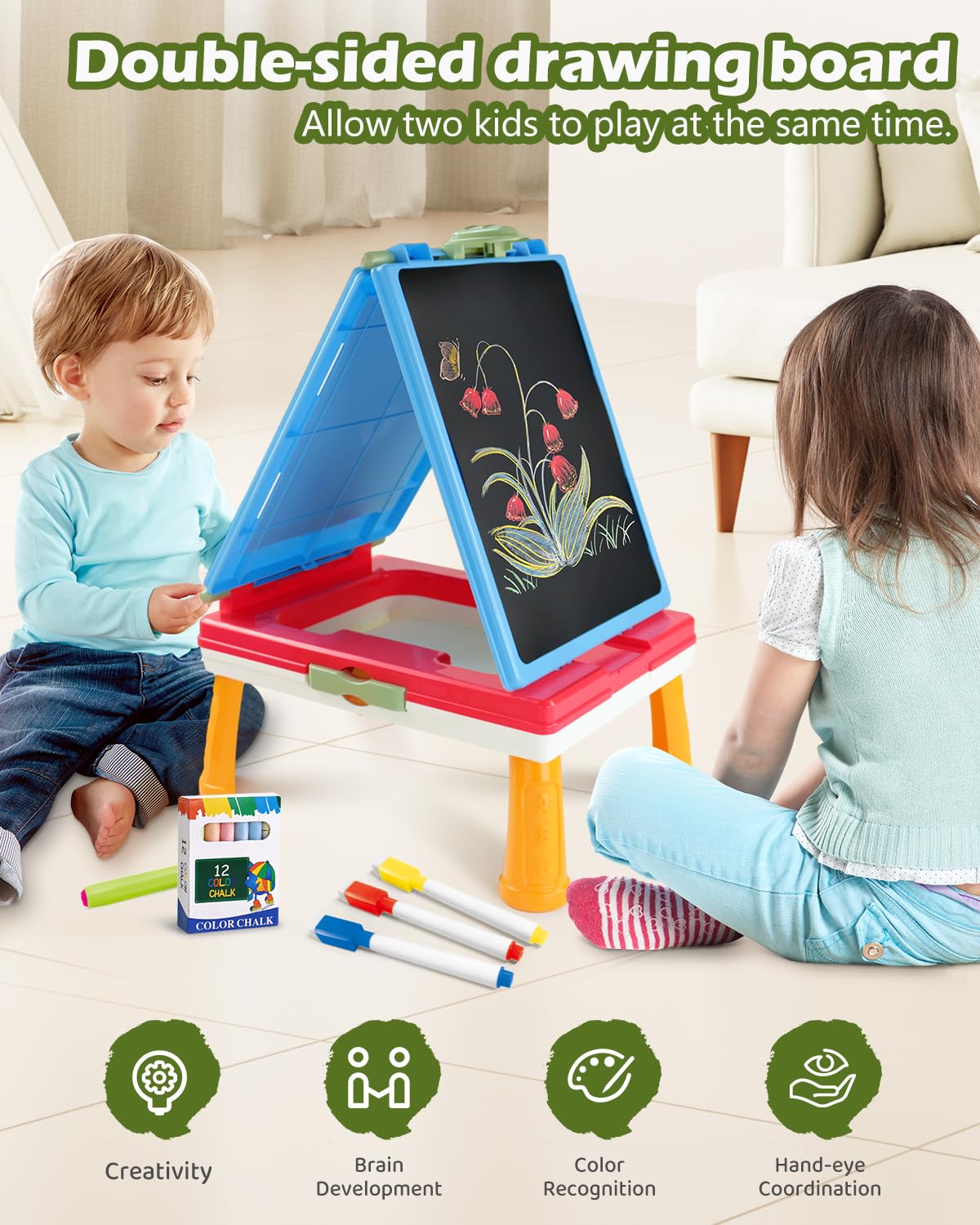 Elovien Easel for Kids,Tabletop Easel for Toddler, Foldable 4 in 1 Double Sided Kids Art Easel with Chalkboard & Magnetic Whiteboard,Portable Desktop Drawing Board - Gift for Boys and Girls (Green)