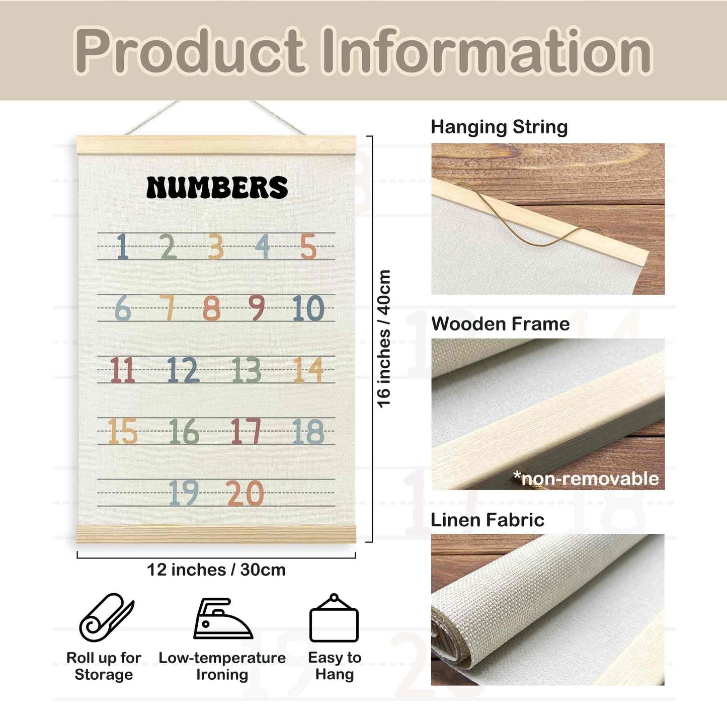 TLESKE Boho Classroom Numbers Chart 1-20 Poster Hanger Frame, Homeschool Hanging Wall Art Decor for Toddler Kids Room Nursery Playroom, Preschool Prek Learning Educational Poster Print Banner, 12x16