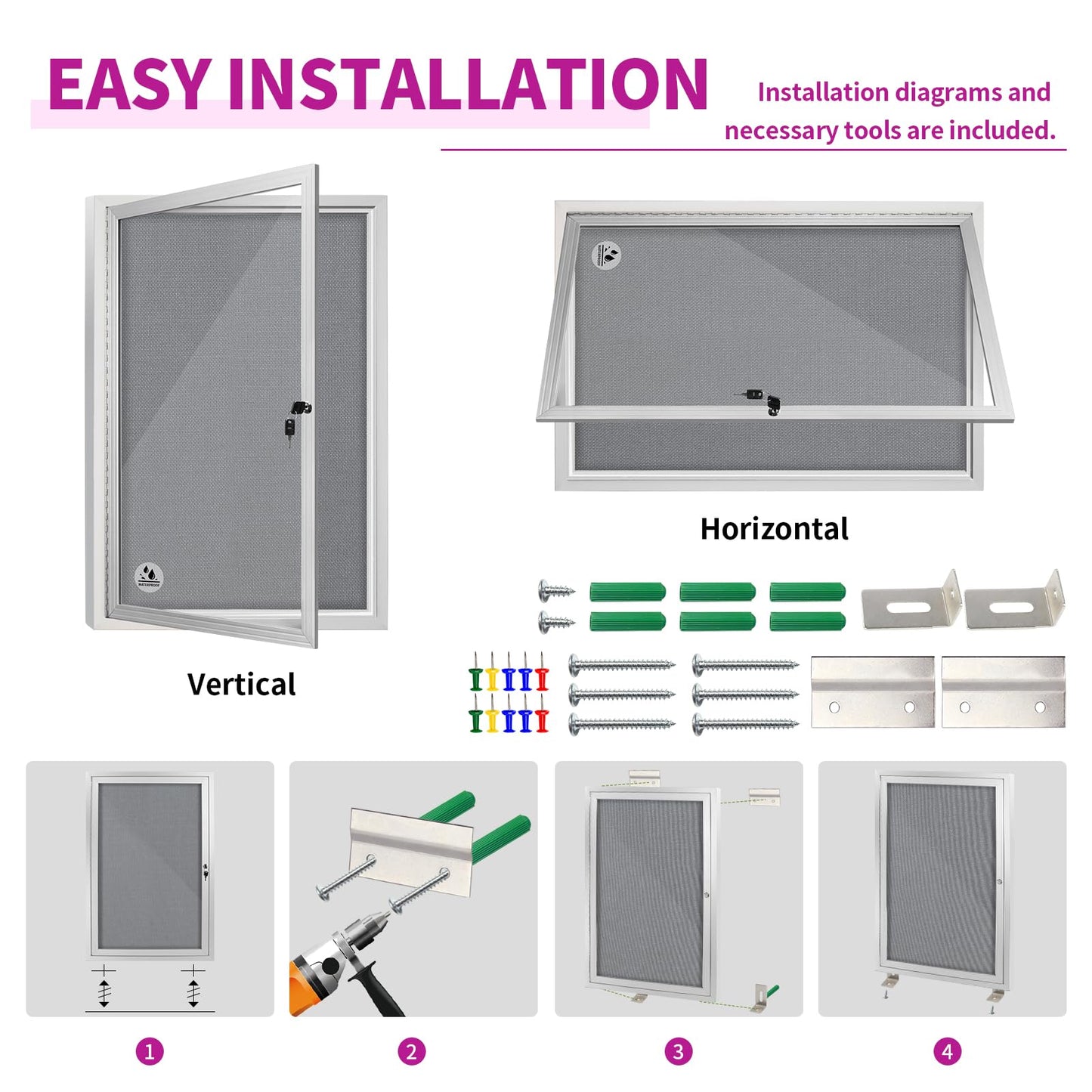 Outdoor Weatherproof Enclosed Fabric Bulletin Board,Noticeboard Case with Lockable Glass Door,Silver Aluminum Frame, 36x24 Inch (5xA4)