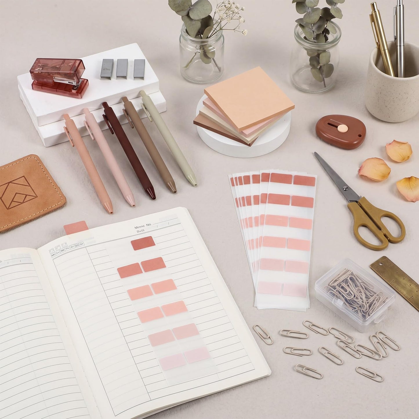 Humyoun Khaki Mini Office Supplies Kit School Supplies Desk Accessories with Gel Pens Sticky Notes Stapler 1000 Scissor Paper Clips Index Tabs Box Cutter for Back to School Office