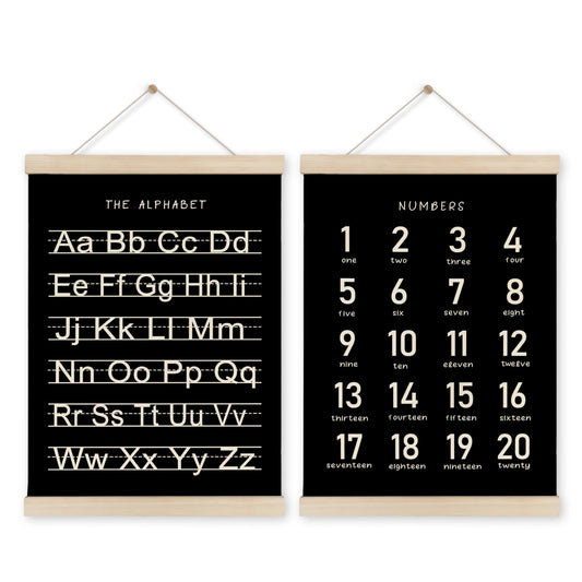 HRQKO Black Alphabet Numbers Poster Hanger Frame Set of 2, Nursery Wall Decor, ABC Poster Wall Art with Wooden Frames, Alphabet Banner Wall Hanging Decor for Playroom Boy Toddler Room, 12x16 Inch