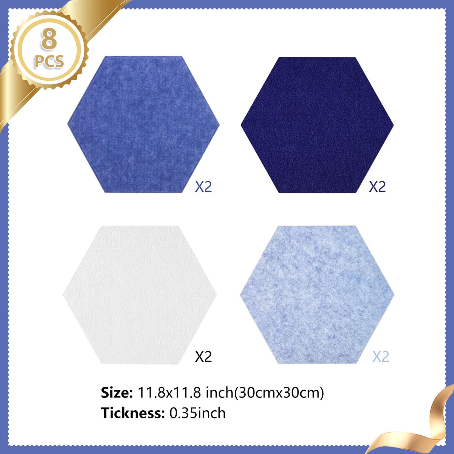 8 Packs Blue White Hexagon Felt Pin Board, 12" Bulletin Board with 30 Push Pins, Felt Board for Home Kitchen Office Decor, Self-Adhesive Corkboard Tiles for Walls School Message Photos Memos