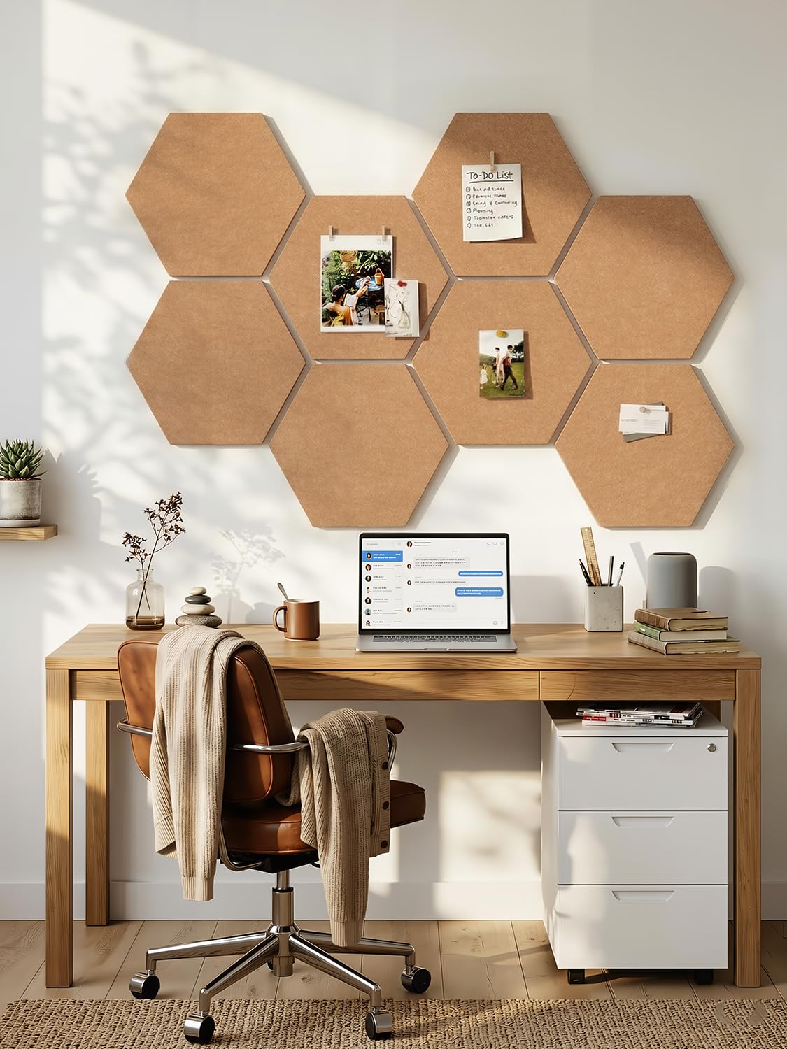Uoisaiko 12" Large Bulletin Board with 30 Push Pins, Pack of 8 Hexagon Felt Pin Board Notice Boards for Home Office, Felt Wall Tiles for Photos Memos (Brown)