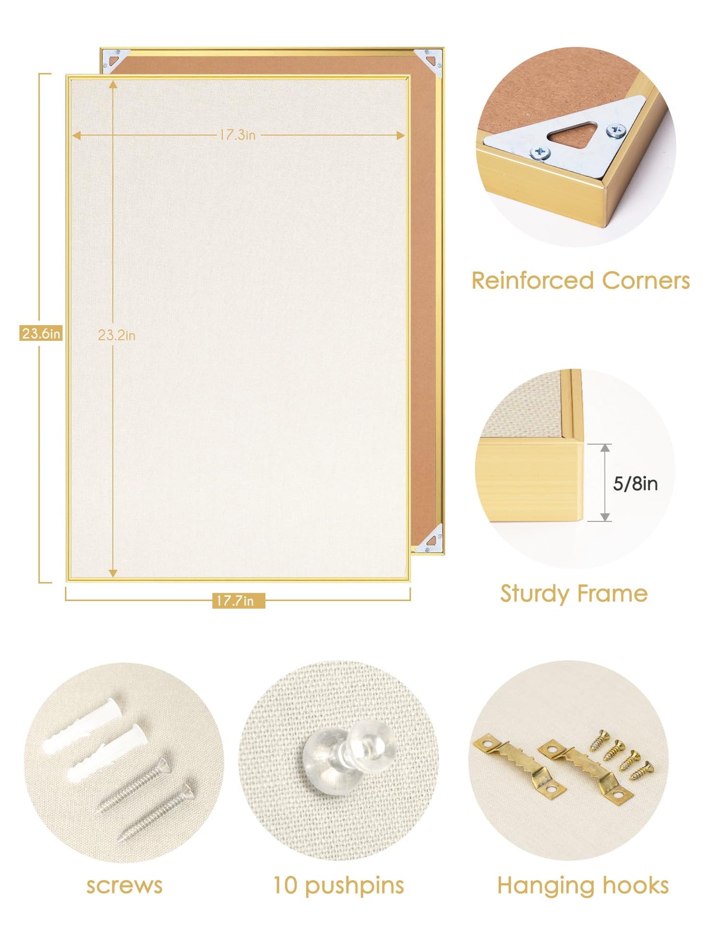 Lightomorrow Bulletin Board 24 x 18 inches, Oatmeal White Pin Board, Golden Aluminum Framed Fabric Cork Board with 10 Push Pins