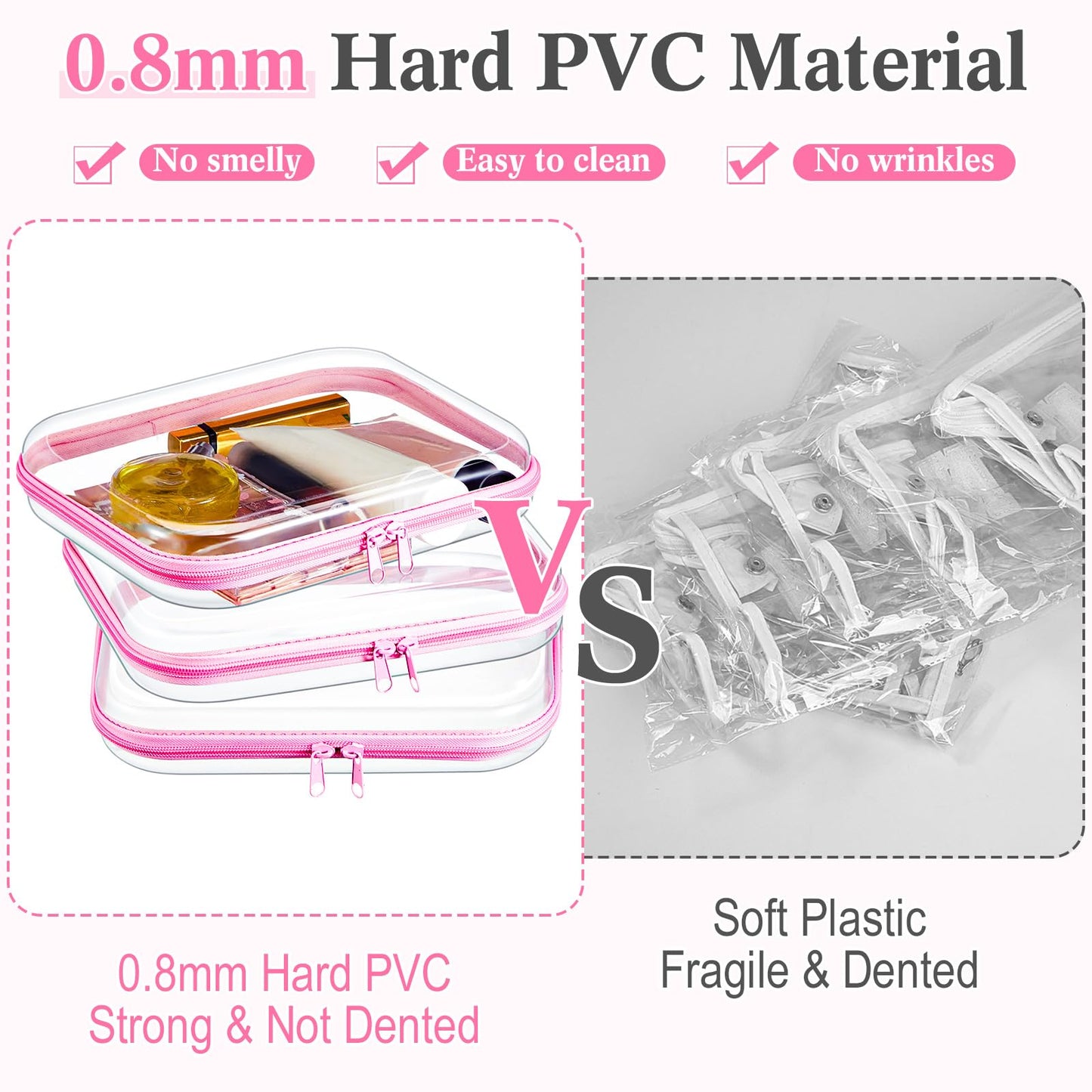 Hoolerry 3 Pcs Clear Hard Zipper Case Hard Plastic Zipper Pouch Makeup Bag Portable Travel Organizer for Cosmetics, Office Supplies, Documents & Toiletries(Pink,M)