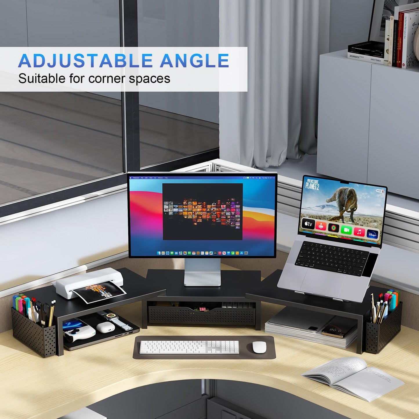 gianotter Dual Monitor Stand Riser, Desk Organizer With Drawer and 2 Pen Holders, Computer Monitor Stand, Desk Shelf for Top of Desk (Black)