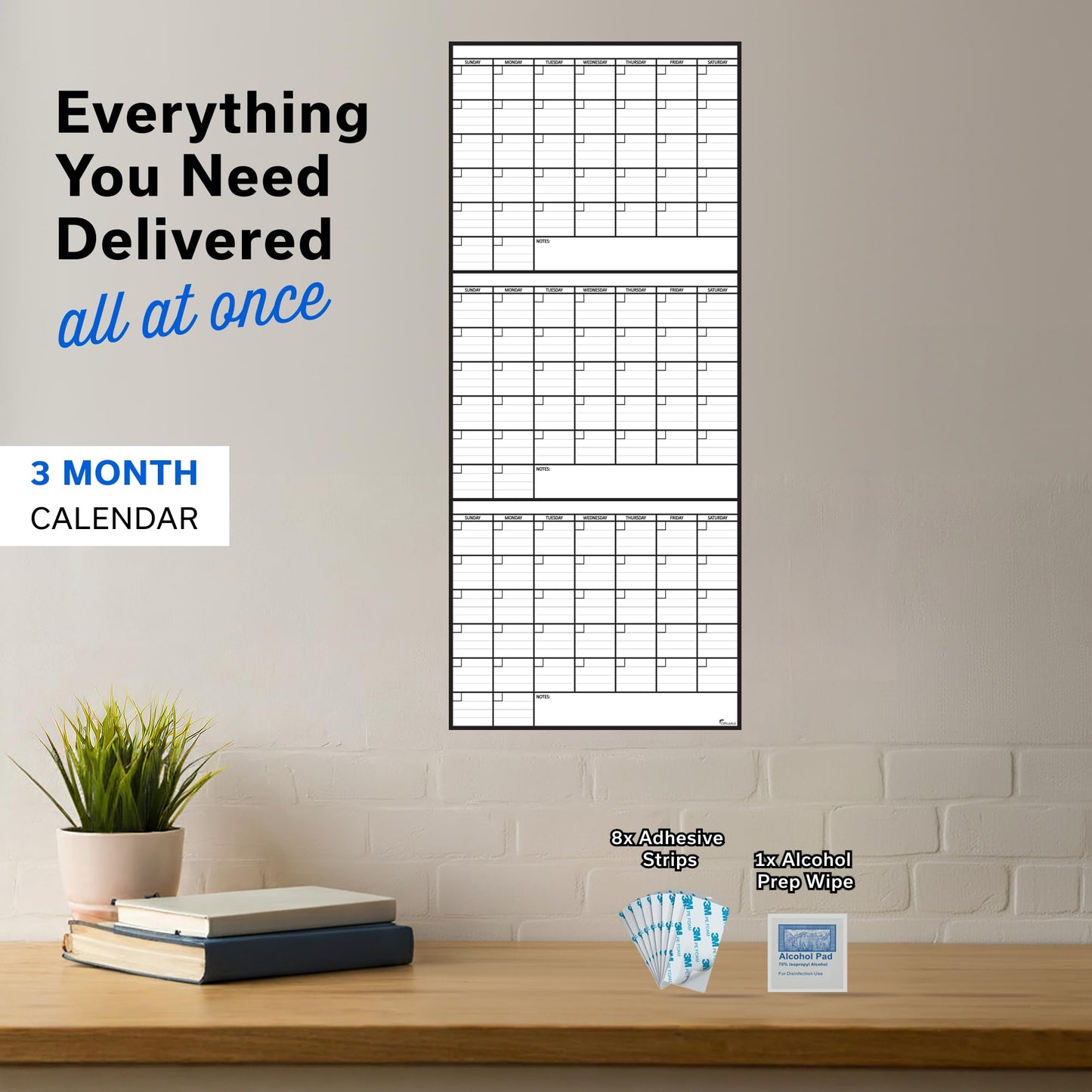 3 Month Dry Erase Calendar for Wall 40x17, Monthly Office Planner Undated Large Big Reusable, Erasable Dry Three Classroom Giant Erase, Rolled Whiteboard White Board, Calendar for Wall Family