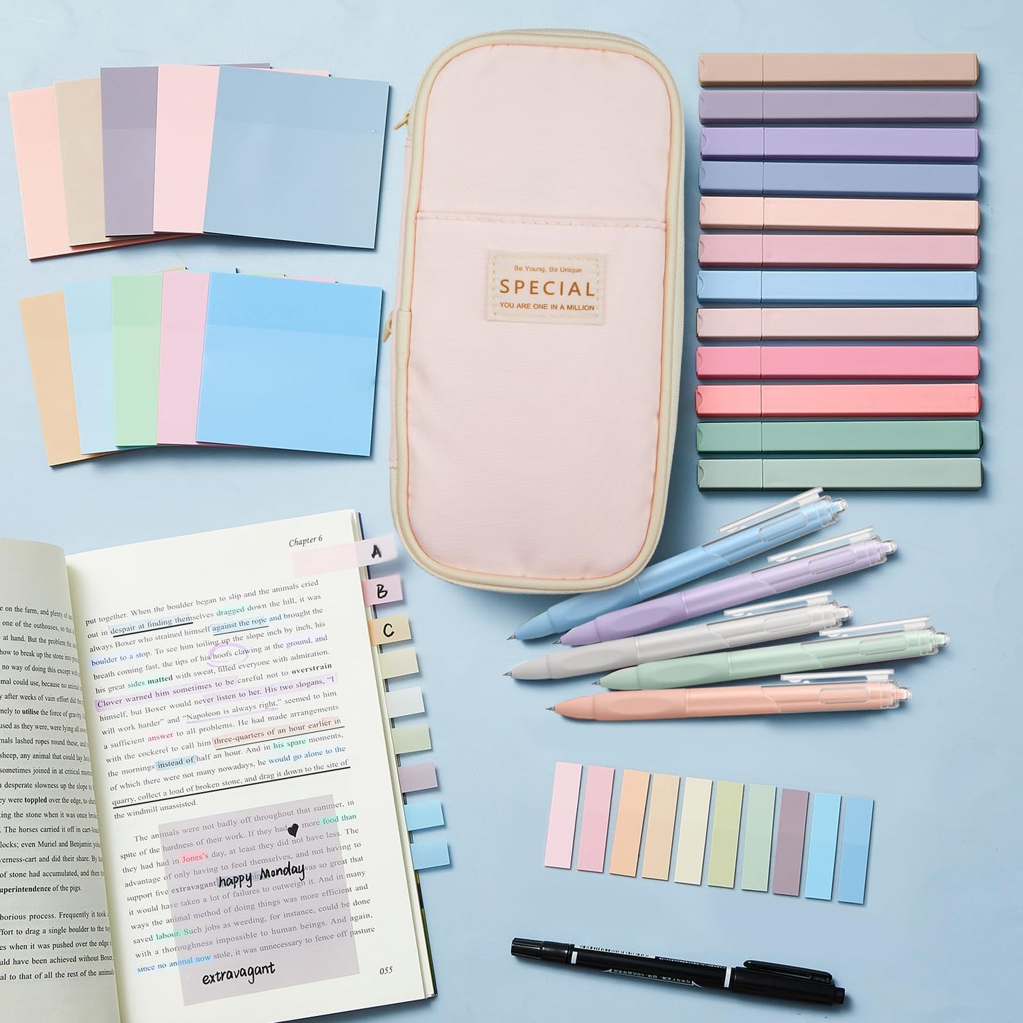 Jutom 39 Pcs Aesthetic Book Annotation Kit Highlighter with Case Bag Gel Pen Transparent Sticky Note Taking Bible Supplies(Pink,Cute Style)