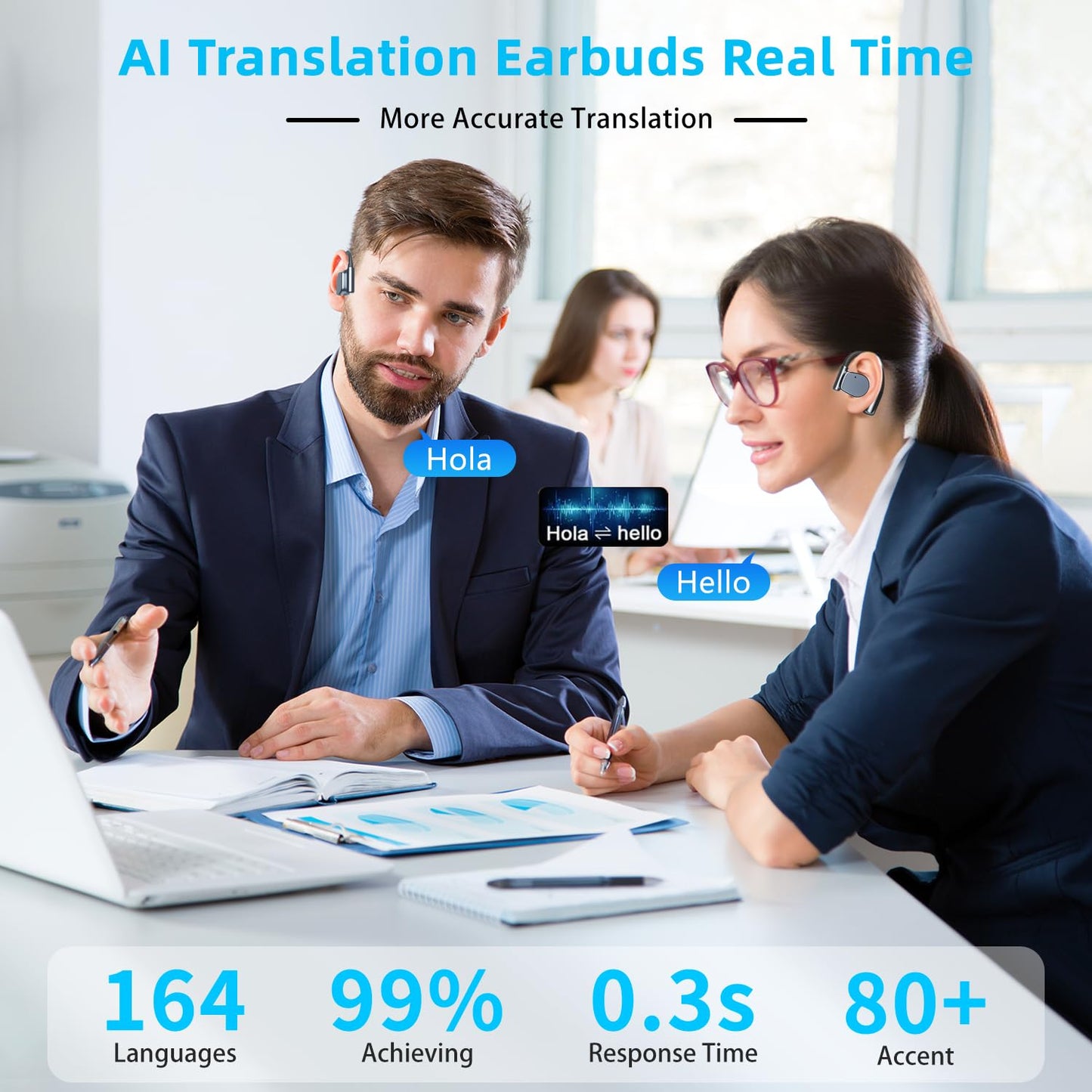 AI Translation Earbuds Real Time 164 Languages Translator Earbud 3 in-1 Bluetooth 5.4 Audifonos Traductores Inglés Español Translating Device for Travel Business Leaning iOS & Android Compatible