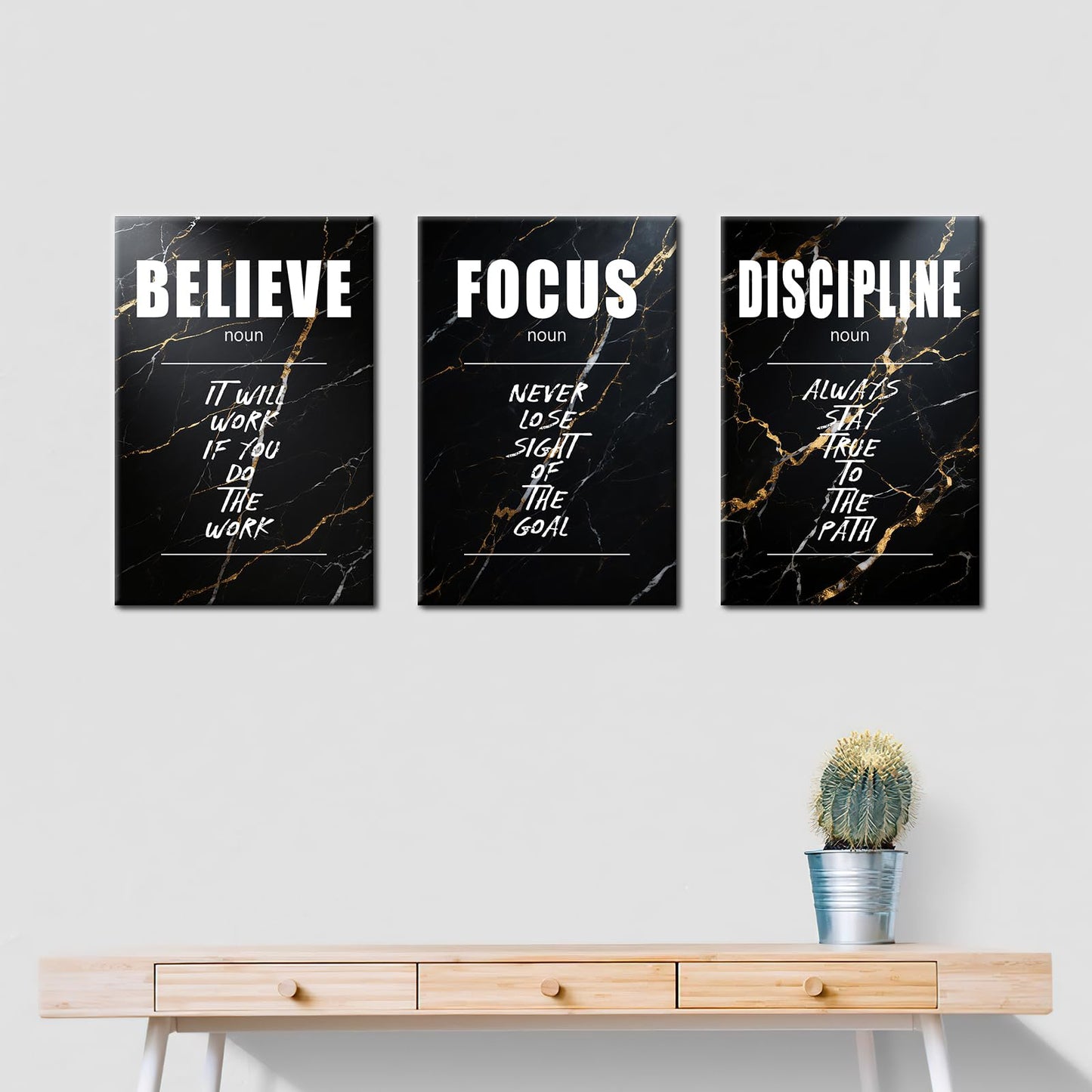 YSPCSUN Large 3 Piece Inspirational Wall Art for Office Walls Canvas Prints Black Marble Motivational Quotes Posters Framed Modern Business Executive Workspace Decor Ready to Hang, 48" x 24"