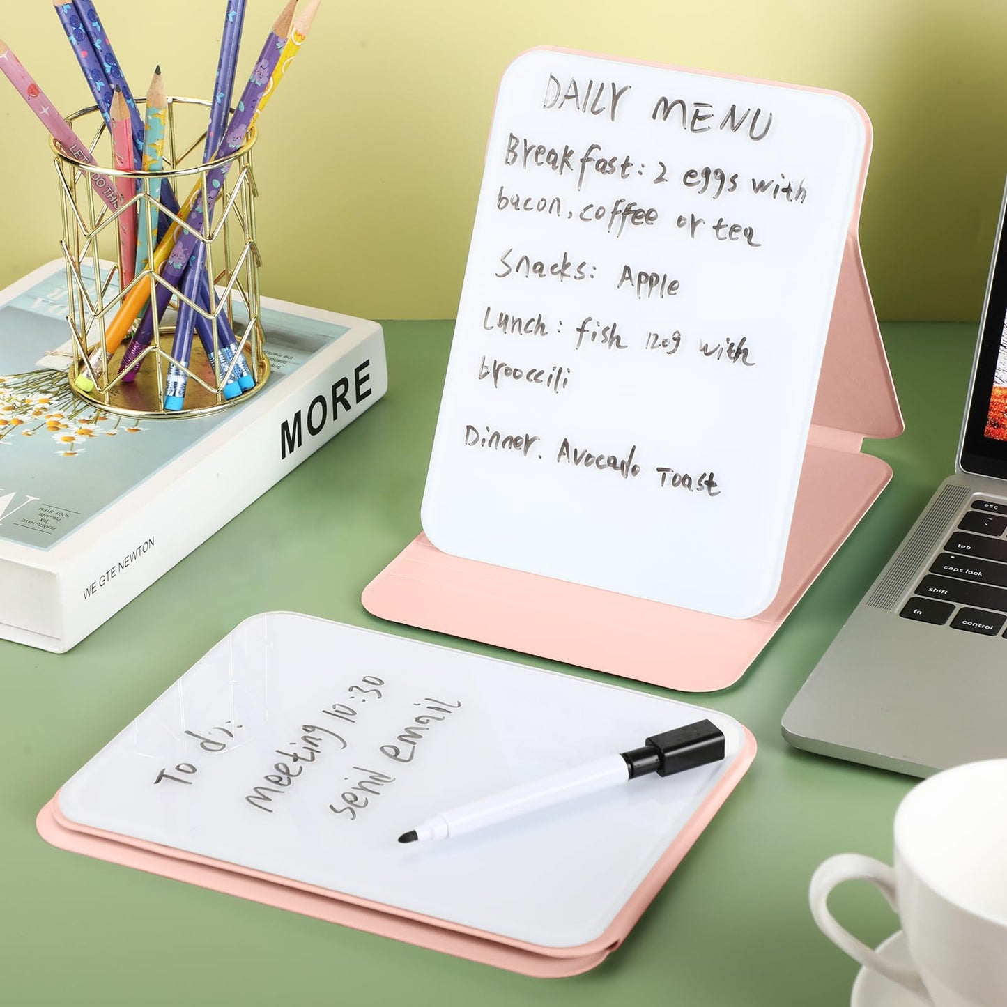 Dunzoom 2 Sets 4 Pcs Small Glass Desktop Whiteboard with Reversable Stand 8x6 Inch Mini Dry Erase White Board Easel with 2 Markers Reusable Desk Notepad for Home Office School Supplies (Pink)