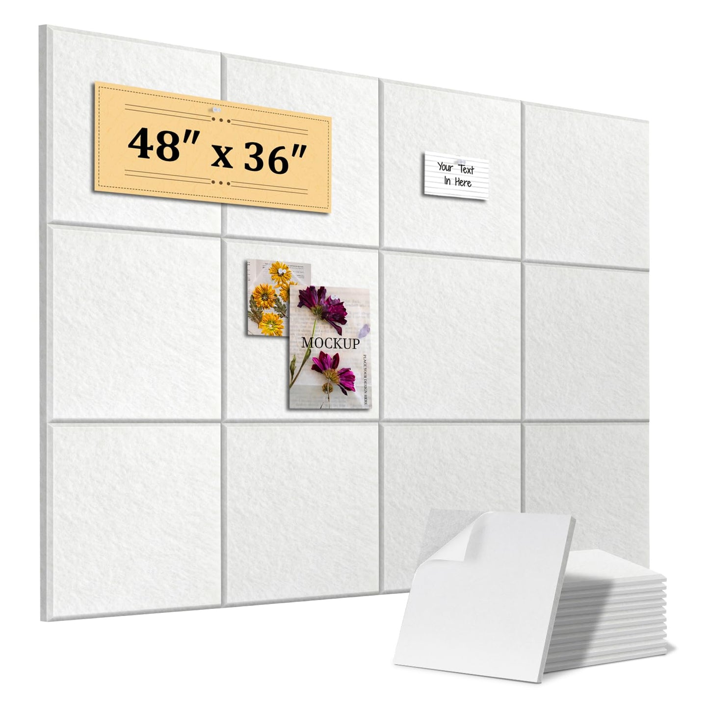 QUEENLINK Large Cork Board 48"x36", 12-Pack Self-Adhesive Felt Bulletin Board Tiles with 120 Push Pins, Square Felt Wall Panels Pin Board Tack Board Wall Organizer for Home Office Decor, White