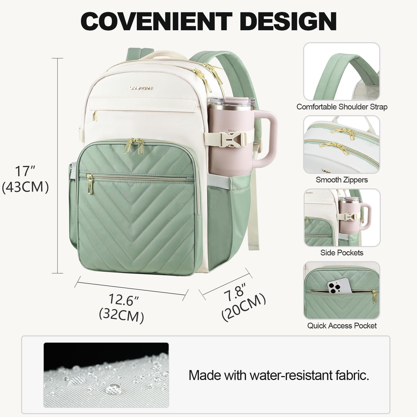VANKEAN Laptop Backpack for Women with Pouch Pocket for Large Capacity Tumbler, 15.6 Inch Laptop Computer Bag Travel Backpack Purse,Waterproof Work Business College Teacher Bags, Beige-Light Green