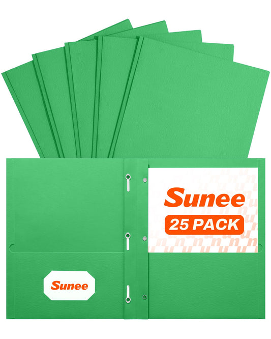 SUNEE 2 Pocket Folders with Prongs (25 Pack, Green), Paper Folders with 2 Pockets and 3 Prongs Fit Letter Size Paper, Folders with Prongs for School Office Home Business