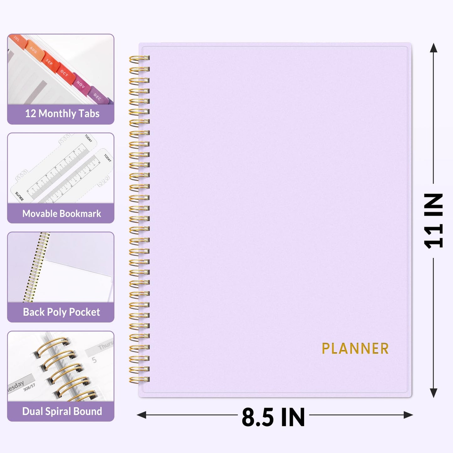 SUNEE Academic Planner 2026-2027 – Weekly & Monthly Planner, July 2026 to June 2027, 8.5"x11", Thick Paper, Tabs, Pockets, Bookmark, Spiral-Bound, Student Teacher Organizer, Purple