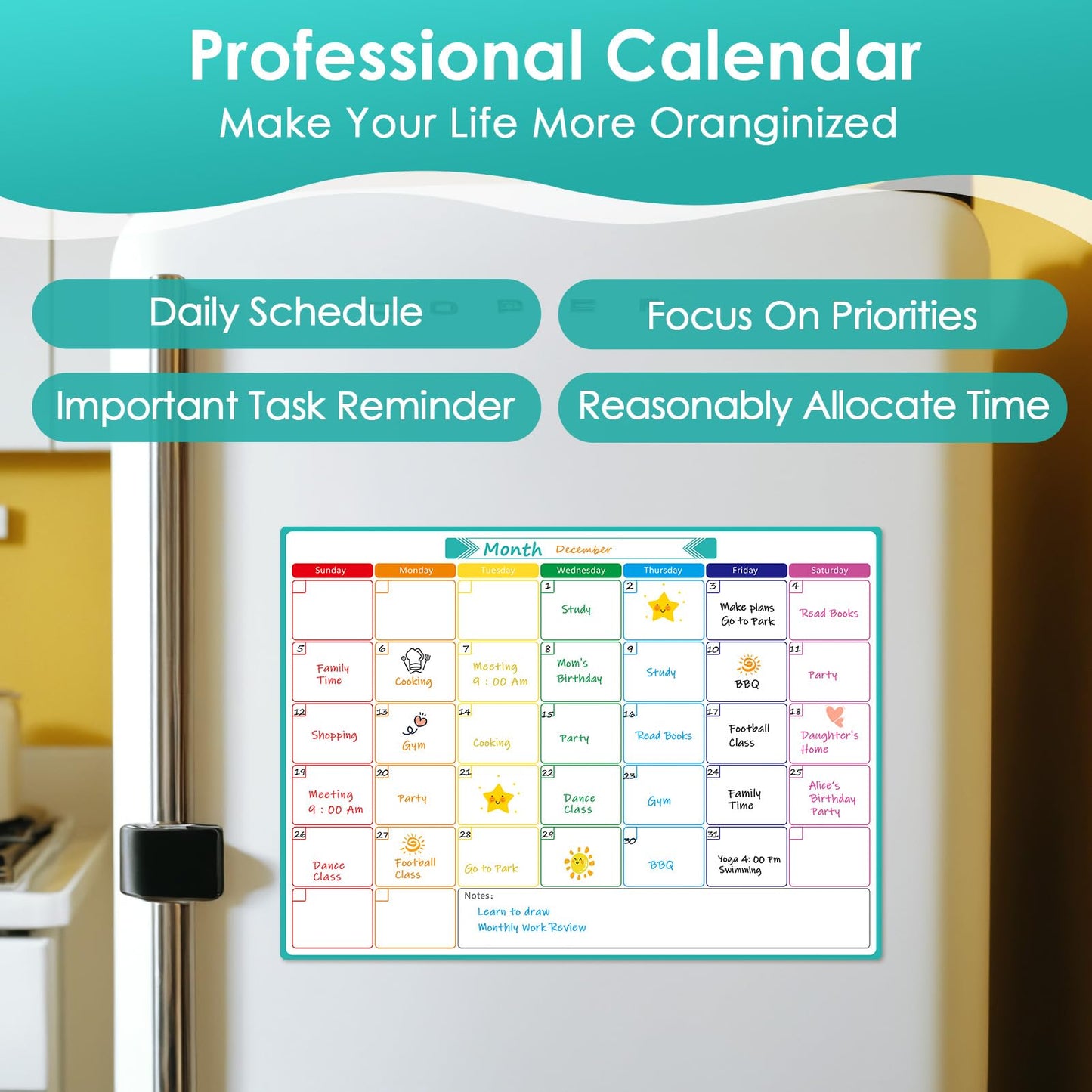 MaxGear Monthly Magnetic Calendar for Fridge, 16" X 12" Fridge Calendar Whiteboard, Reusable Magnetic Dry Erase Calendar White Board Planner for Refrigerator with 7 Fine Point Markers, 1 Eraser