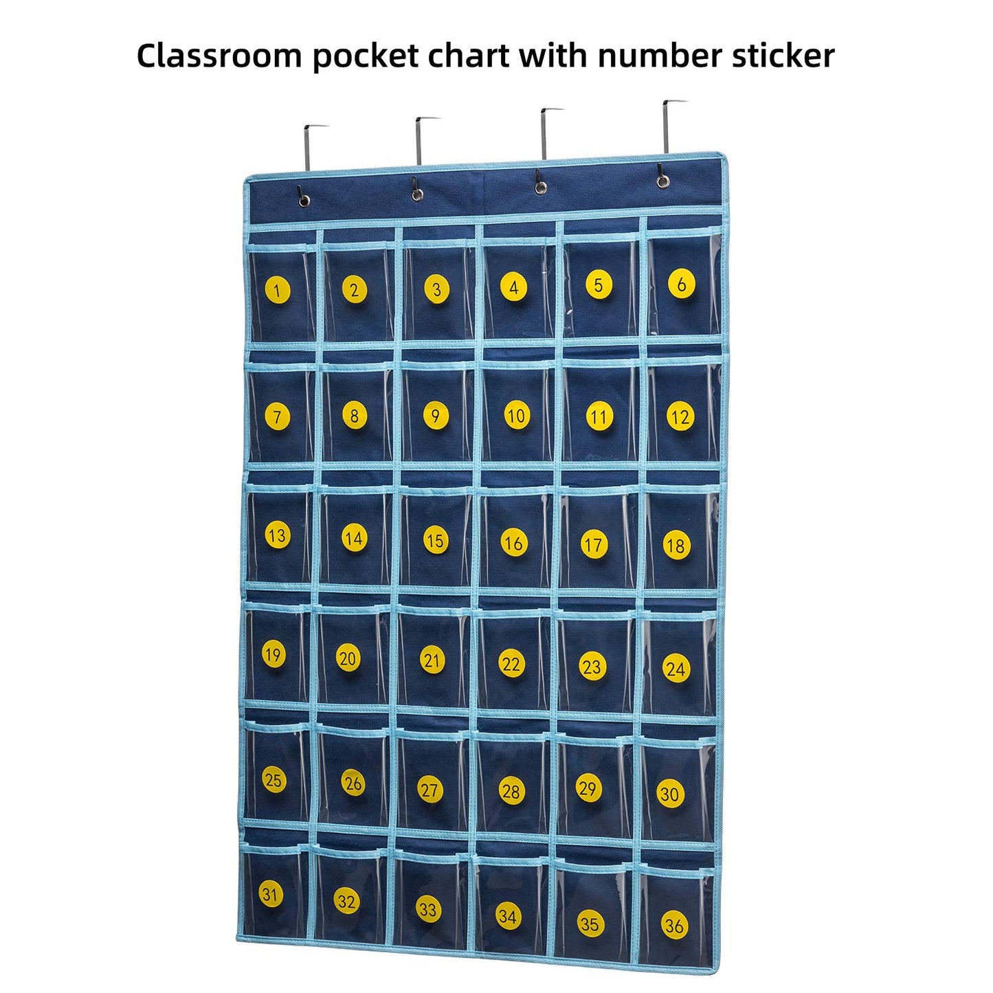 SAVERHO 36 Clear Pockets Classroom Pocket Chart for Cell Phone and Calculator Holder, Door Hanging Pocket Chart for Classroom Phone Holder with Number Sticker and Hooks (Blue)